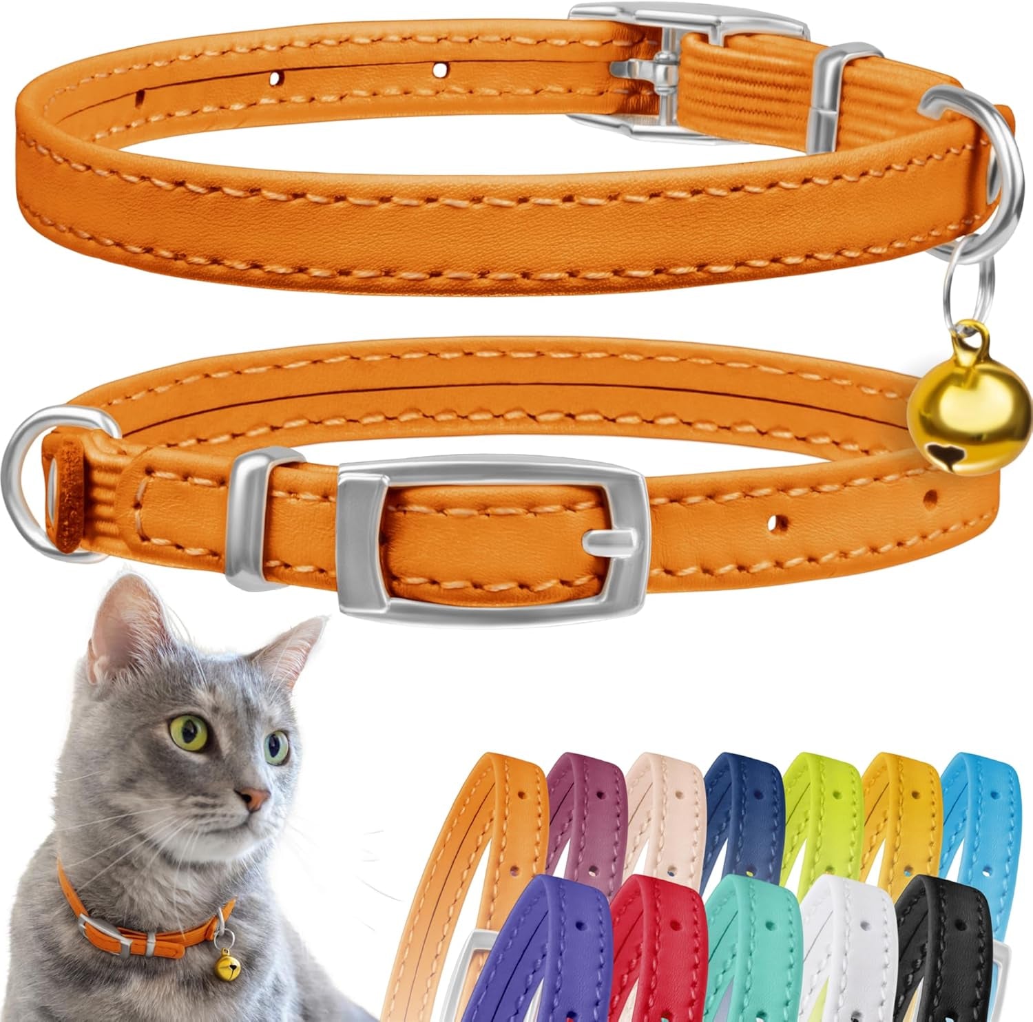 Leather Cat Collar - Cat Safety Collar with Elastic Strap