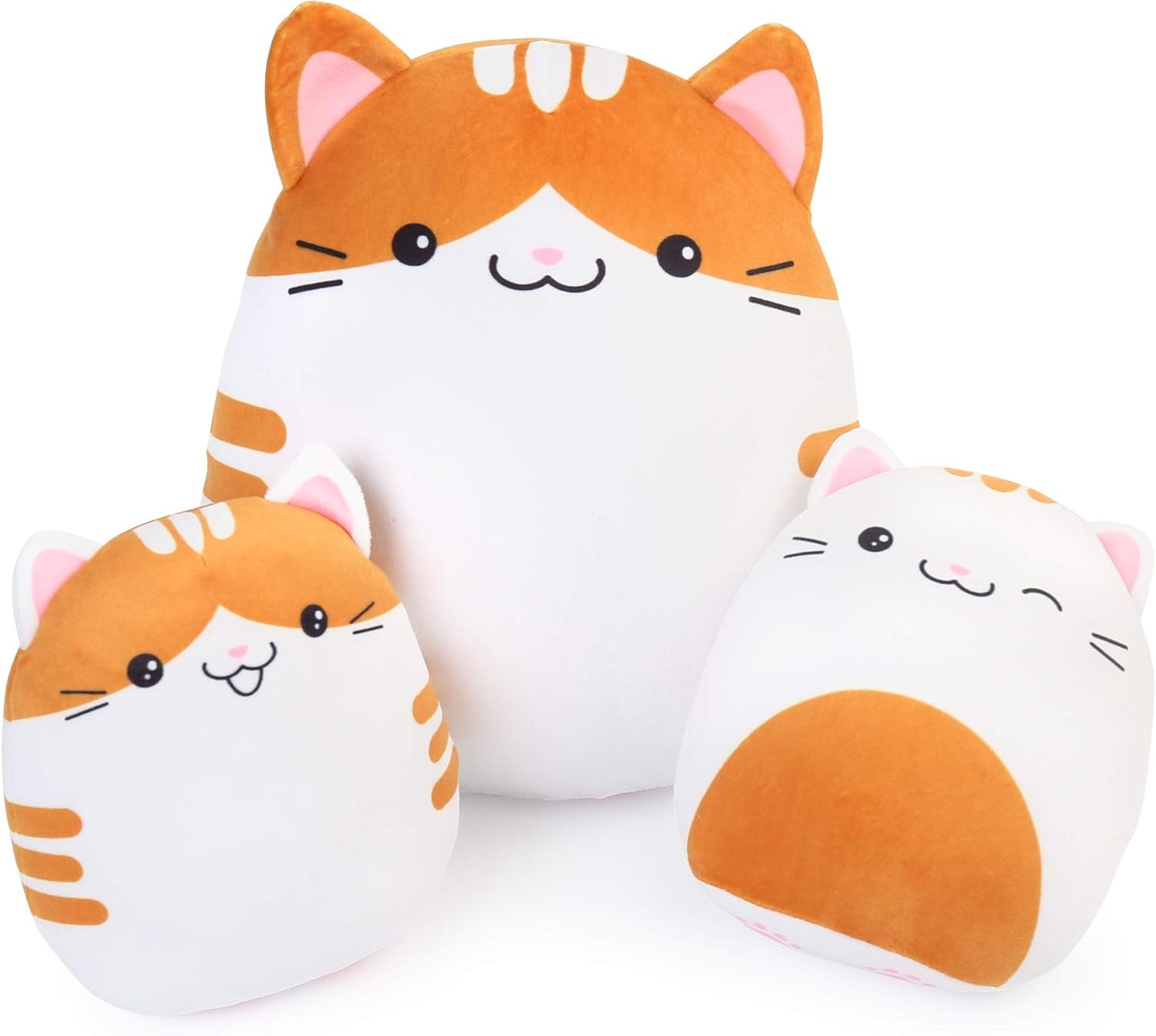 Cat Plush Toy, Set of 3, 12'' and 7'' Squishy Kitty Stuffed Animal Toy Hugging Pillow, Soft Cushion Plushies Gift for Kids, Easter Basket Stuffers