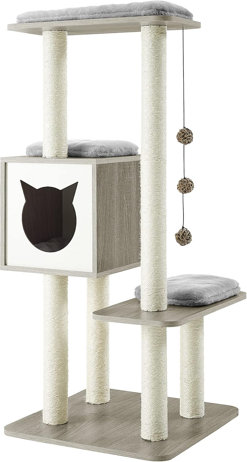 Elegant Wooden Modern Cat Tree Cat Condo Multi-Level Towers Cat Activity Tower with Scratching Posts, with Removable and Washable Mats (Grey High Tower)