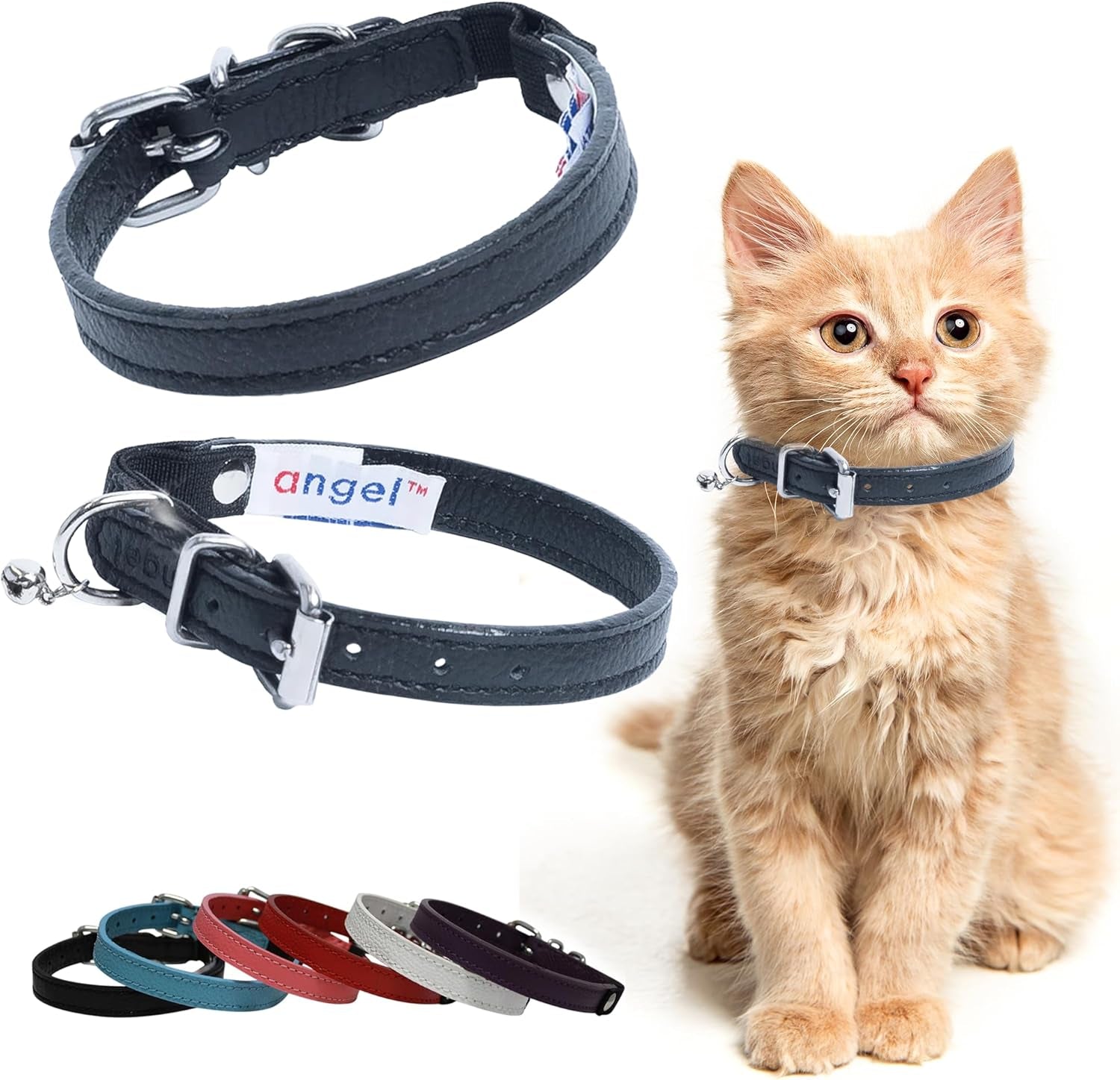 Angel, Alpine Black Genuine Leather, Elastic Break-Away Cat Collar. 12" X 1/2", Elastic Stretch Release