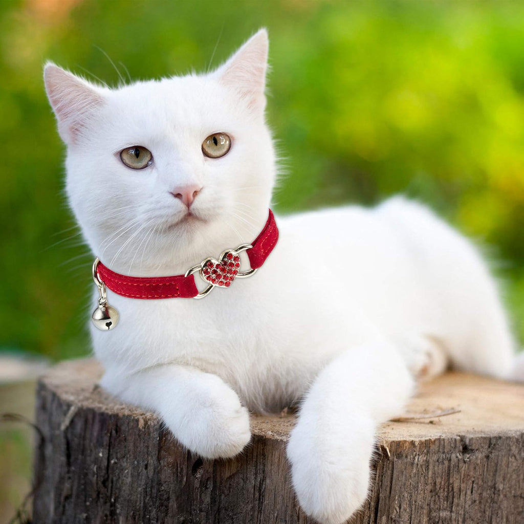 4 Pcs Rhinestone Cat Collar Heart Bling Breakaway Girl Cat Soft Velvet Fancy Adjustable Safety Kitten Collar with Bell for Kitty(Red, Black)