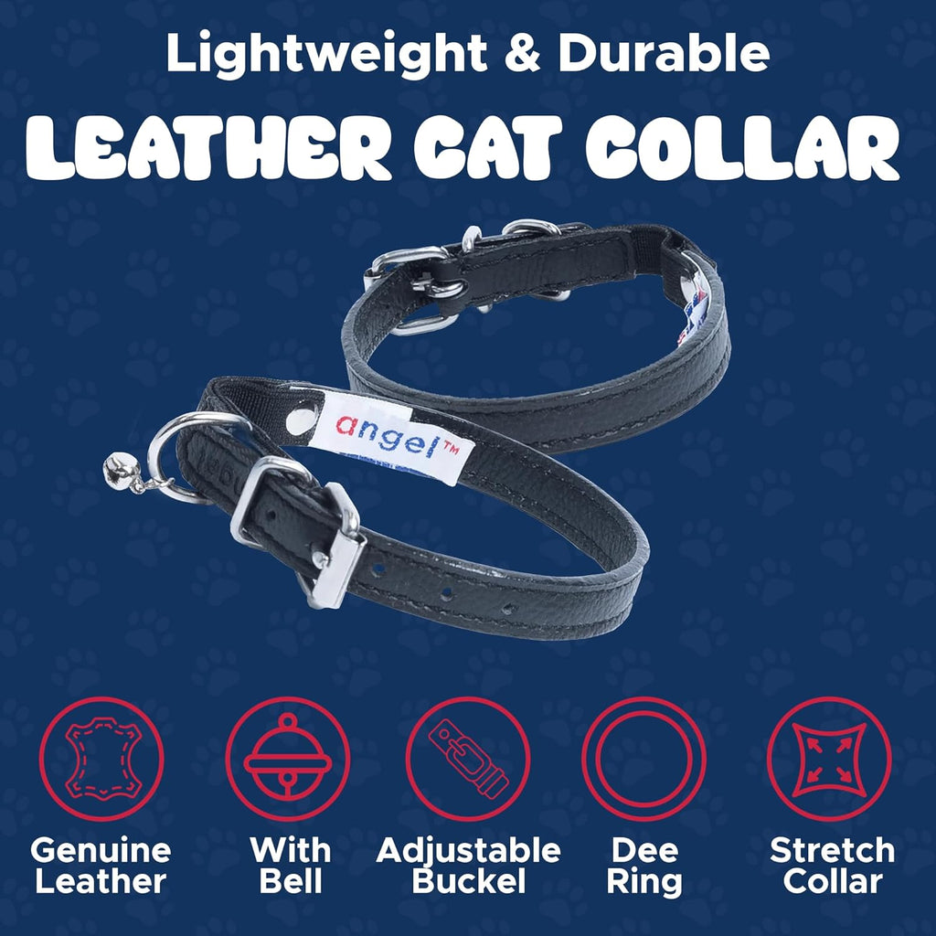 Angel, Alpine Black Genuine Leather, Elastic Break-Away Cat Collar. 12" X 1/2", Elastic Stretch Release