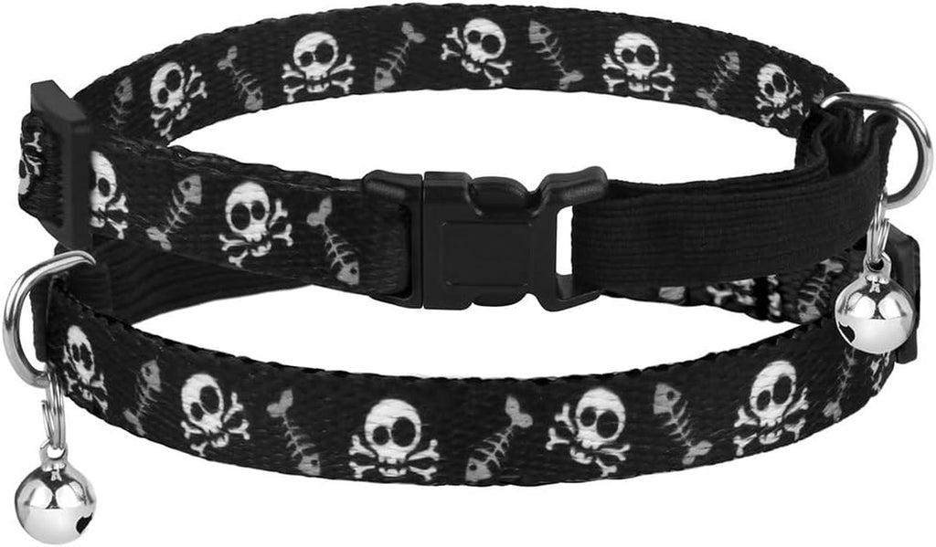 Skull Cat Collar Breakaway with Bell Pack of 2 PCS, Adjustable Kitten Collar for Cats Safety Elastic Strap Black Pink Orange Green Blue Red (Red-Black)