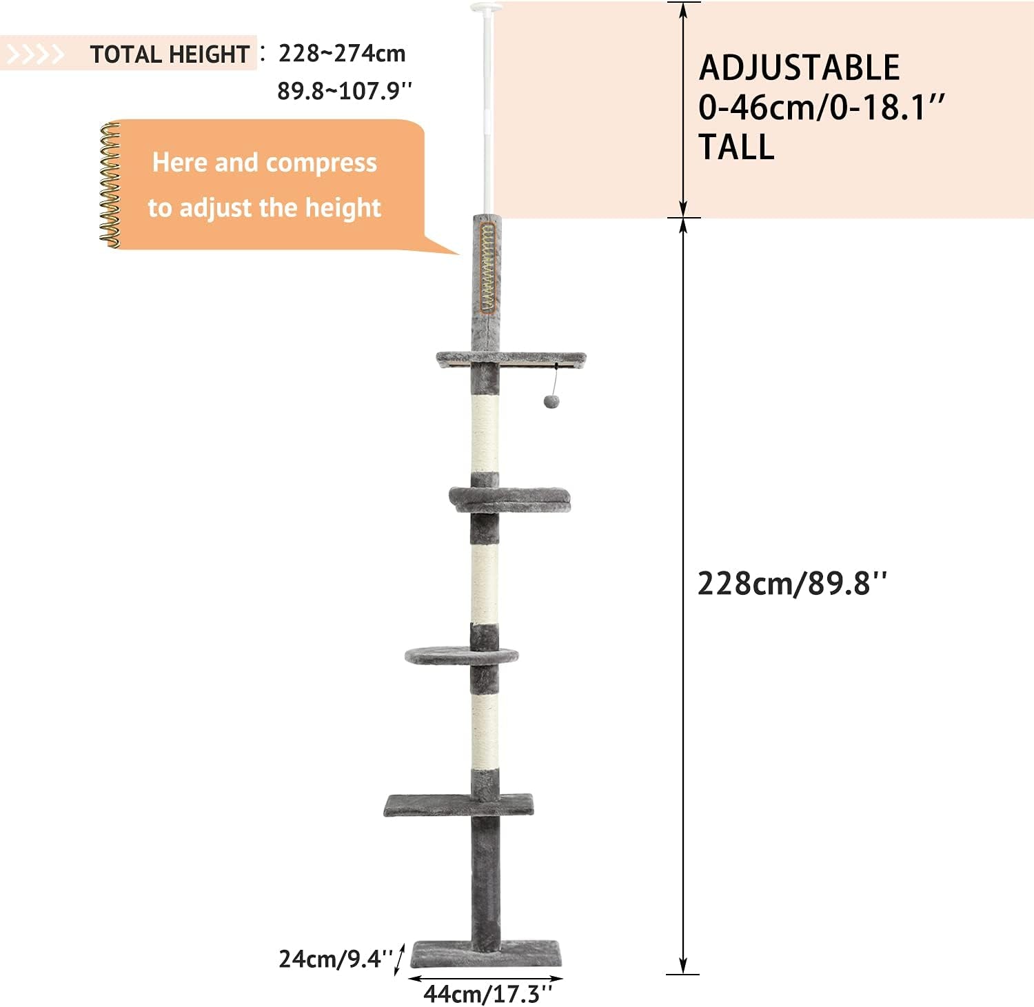 Cat Tower 5-Tier Floor to Ceiling Cat Tree Height Adjustable(95-107 Inches), Tall Cat Climbing Tree Featuring with Scratching Post, Cozy Bed,Interactive Ball Toy for Indoor Cats/Kitten(Grey