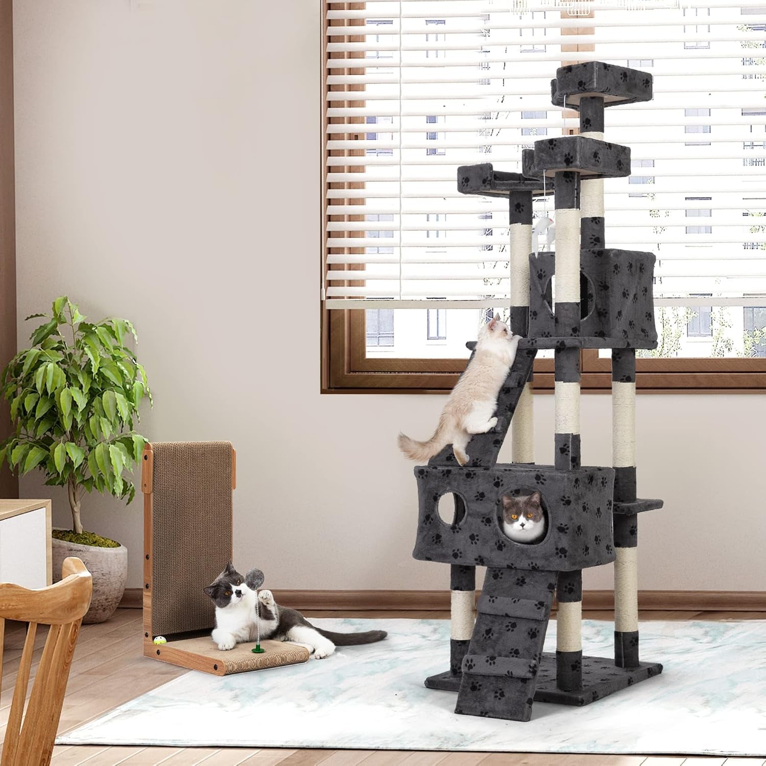 67” Tall Cat Trees and Towers with Scratching Posts Condos Hammock Resting Perch, Indoor Pet Activity Furniture Play House for Large Cats Kitty Kitten