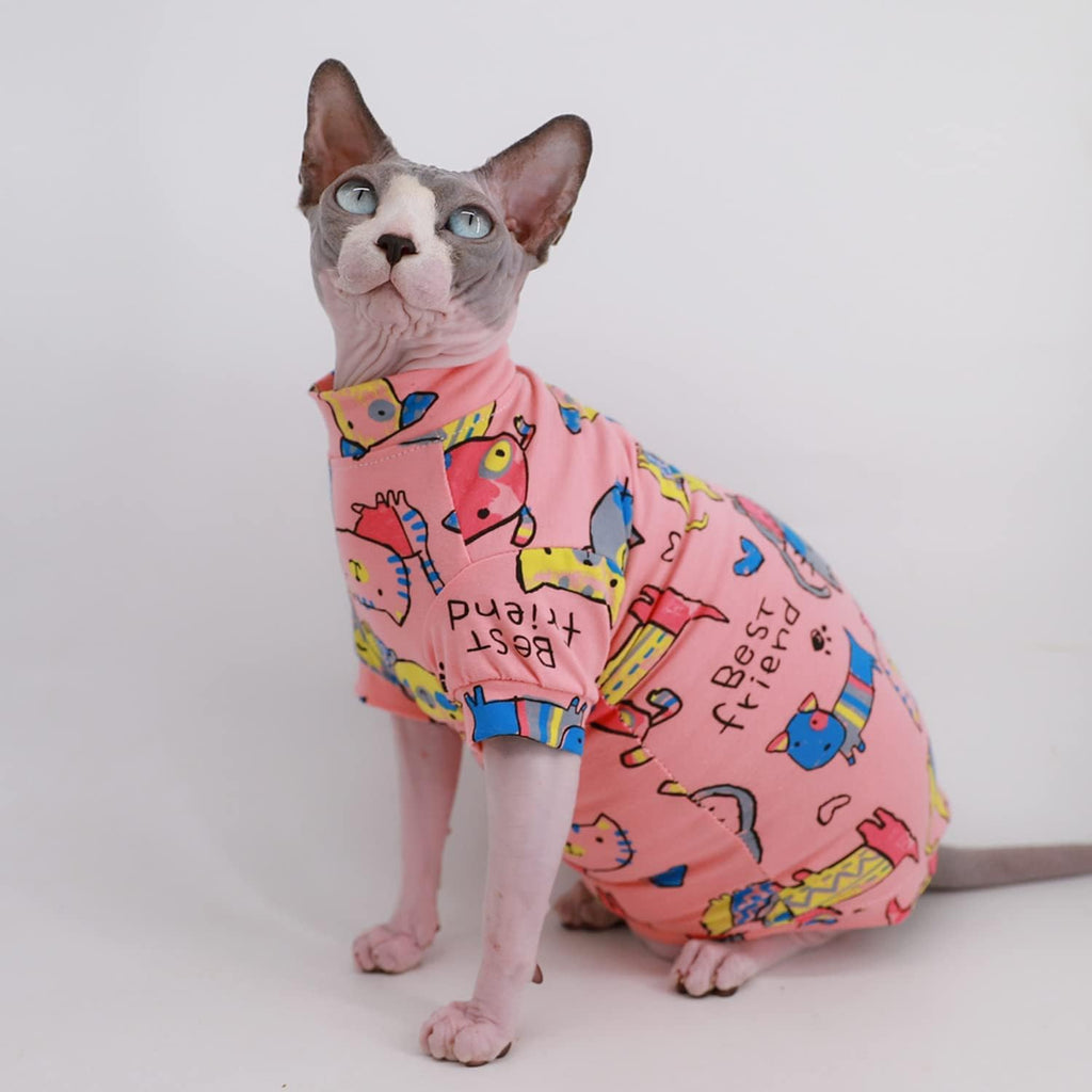Sphynx Hairless Cat Cute Summer Cotton T-Shirts Pet Clothes,Round Collar Kitten Shirts Cats Apparel (Pink Cat, Medium (Pack of 1))