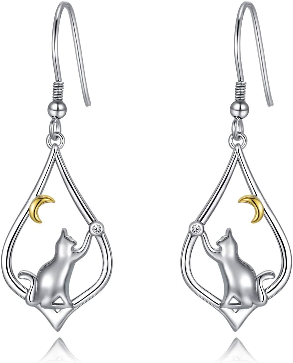 Cat Earrings for Women Sterling Silver Cat Moon Dangle Drop Hooks Earrings Animal Cat Jewelry Pet Gifts for Cat Lovers Mom Birthday