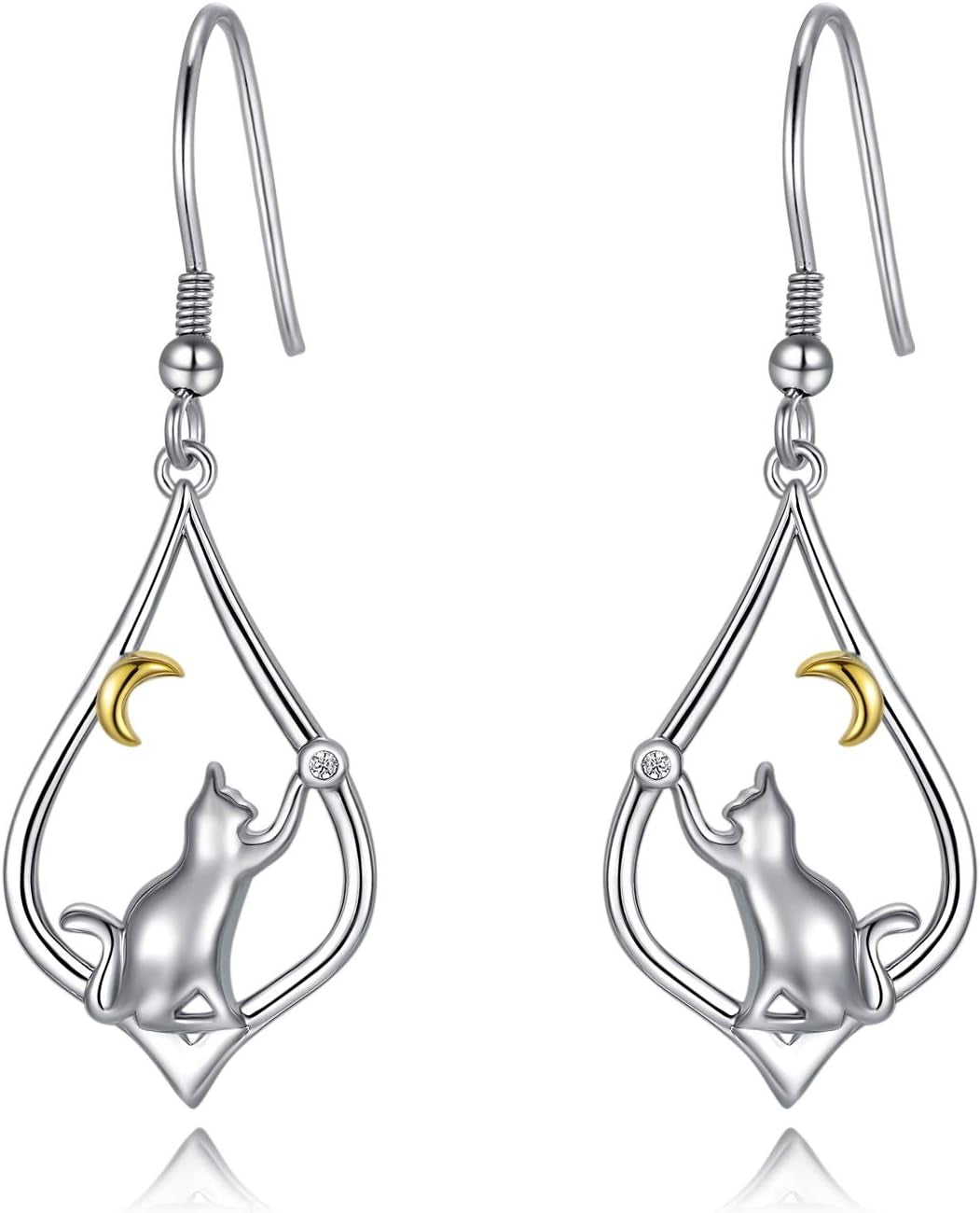Cat Earrings for Women Sterling Silver Cat Moon Dangle Drop Hooks Earrings Animal Cat Jewelry Pet Gifts for Cat Lovers Mom Birthday