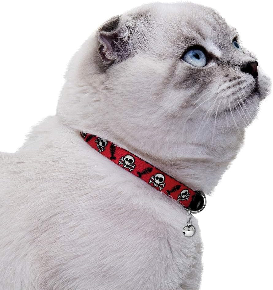 Skull Cat Collar Breakaway with Bell Pack of 2 PCS, Adjustable Kitten Collar for Cats Safety Elastic Strap Black Pink Orange Green Blue Red (Red-Black)