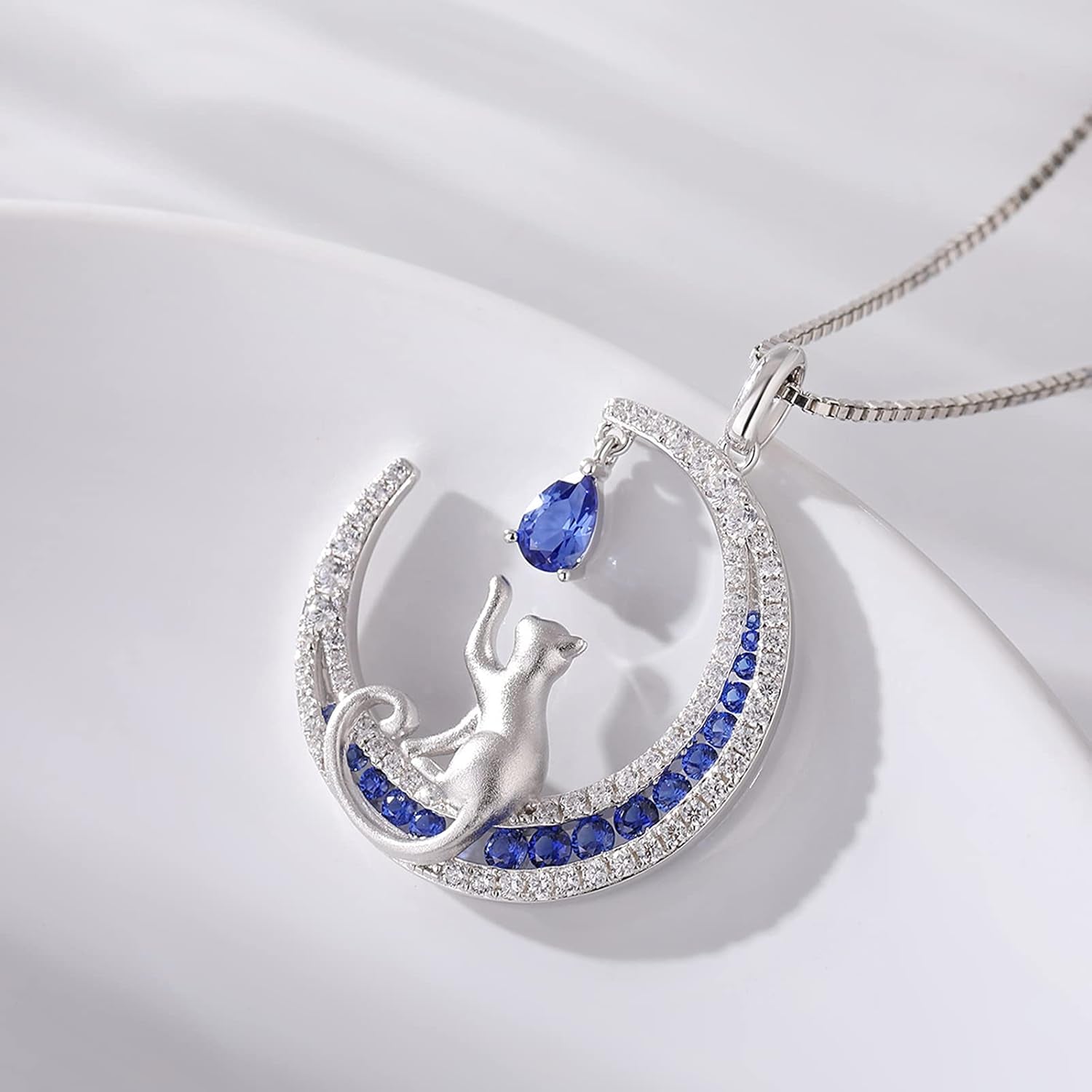 Lovely Cat Necklace for Women - Sterling Silver Cat Pendant with Cubic Zirconia