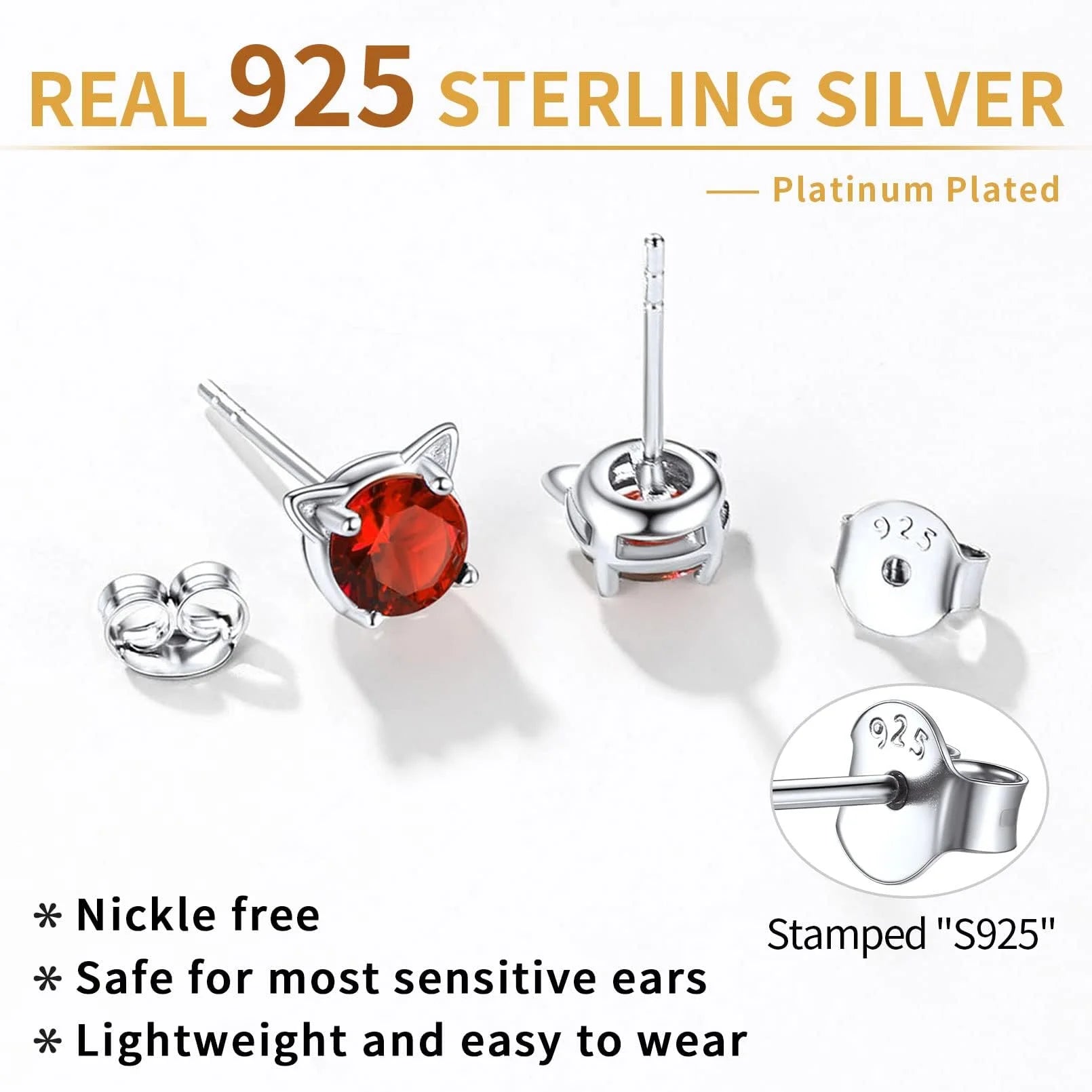 Cute 925 Sterling Silver Kitty Earrings Sweet Cartoon Cat Earrings Birthstone Jewelry for Girlfriend Daughter Little Sister