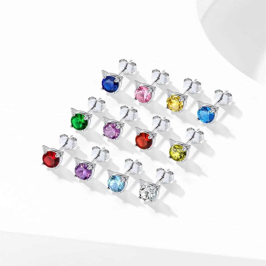 Cute 925 Sterling Silver Kitty Earrings Sweet Cartoon Cat Earrings Birthstone Jewelry for Girlfriend Daughter Little Sister
