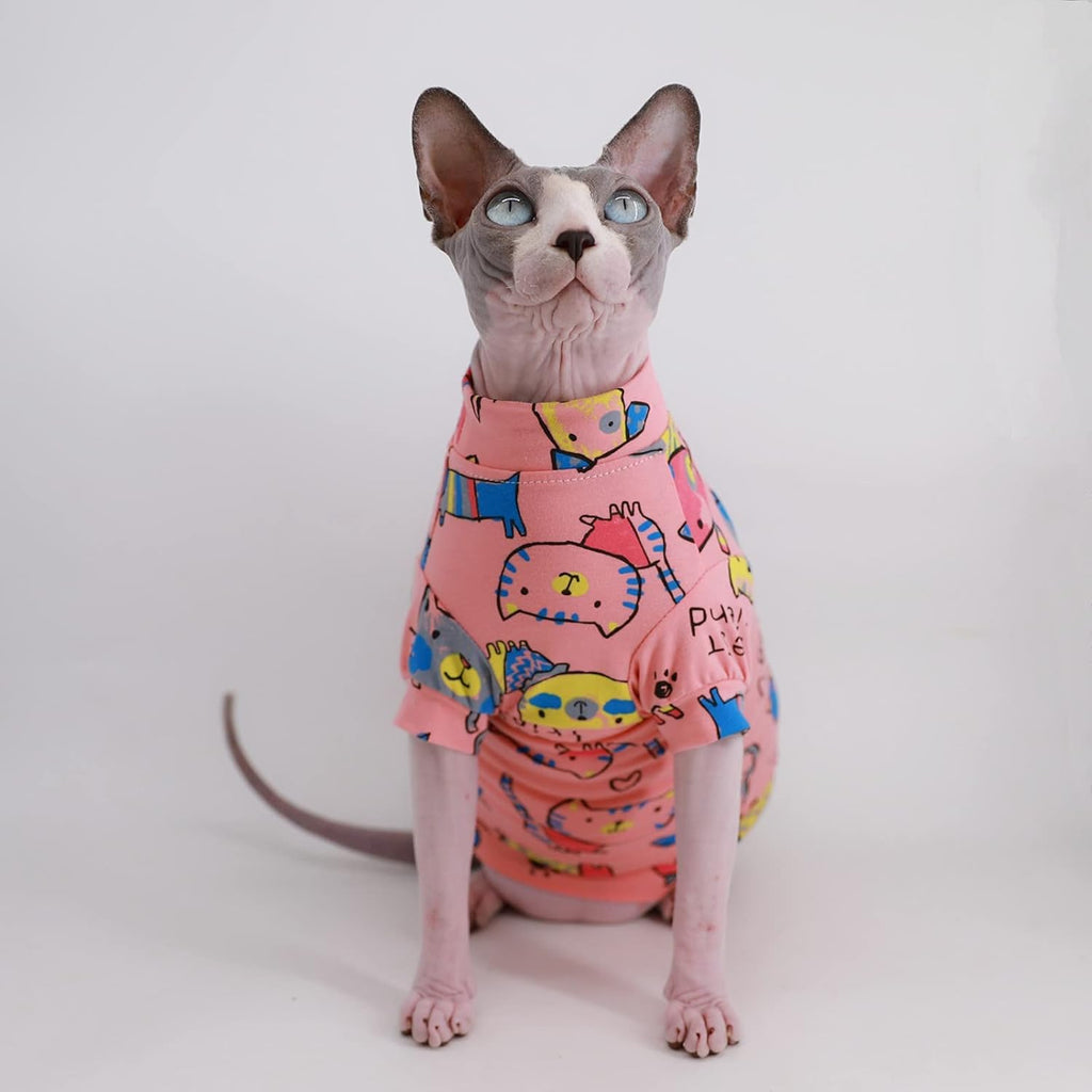 Sphynx Hairless Cat Cute Summer Cotton T-Shirts Pet Clothes,Round Collar Kitten Shirts Cats Apparel (Pink Cat, Medium (Pack of 1))