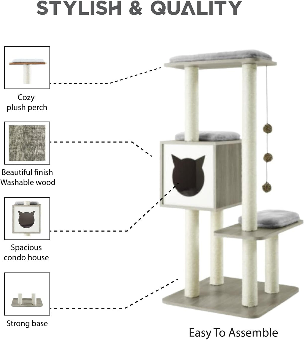 Elegant Wooden Modern Cat Tree Cat Condo Multi-Level Towers Cat Activity Tower with Scratching Posts, with Removable and Washable Mats (Grey High Tower)