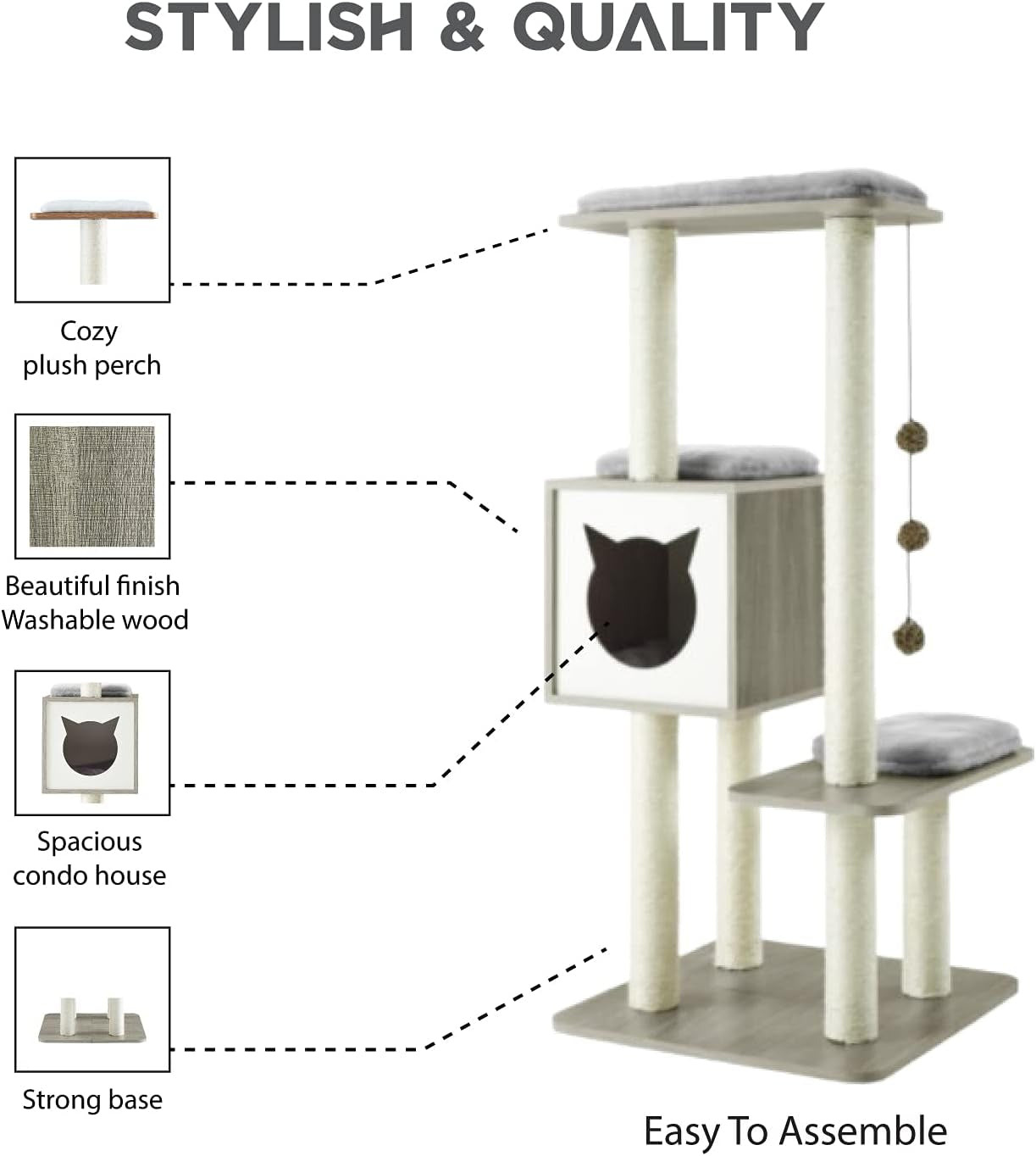 Elegant Wooden Modern Cat Tree Cat Condo Multi-Level Towers Cat Activity Tower with Scratching Posts, with Removable and Washable Mats (Grey High Tower)