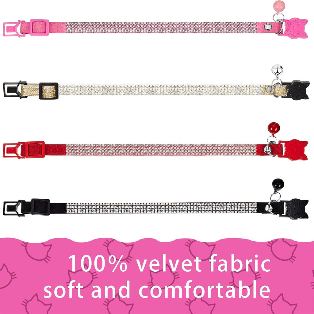 4 Pieces Rhinestones Cat Collars Breakaway Cat Collar with Bell Bling Pet Accessories with Soft Velvet, 4 Colors(Xs,Gold, Red, Pink, Black)