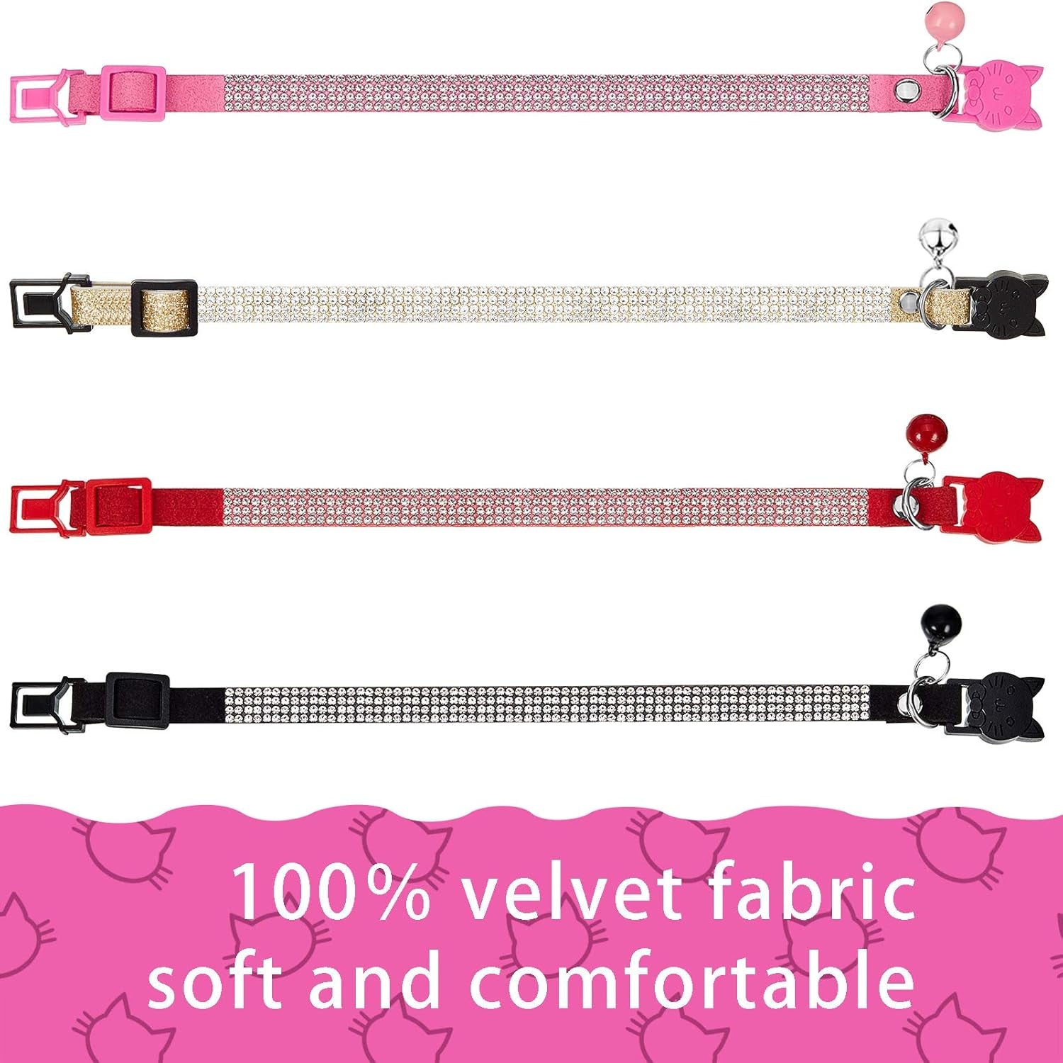 4 Pieces Rhinestones Cat Collars Breakaway Cat Collar with Bell Bling Pet Accessories with Soft Velvet, 4 Colors(Xs,Gold, Red, Pink, Black)