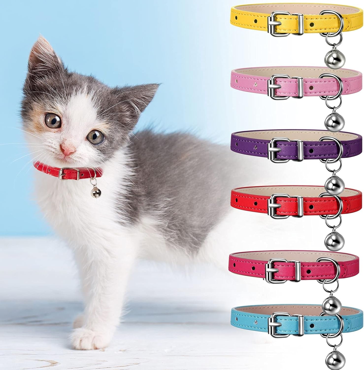 6 Pieces Leather Cat Collar with Bell Cute Pet Leather Kitten Collar for Boy Girl Cats with Safety Elastic Strap for Small Kitten Puppy(Classic Color)