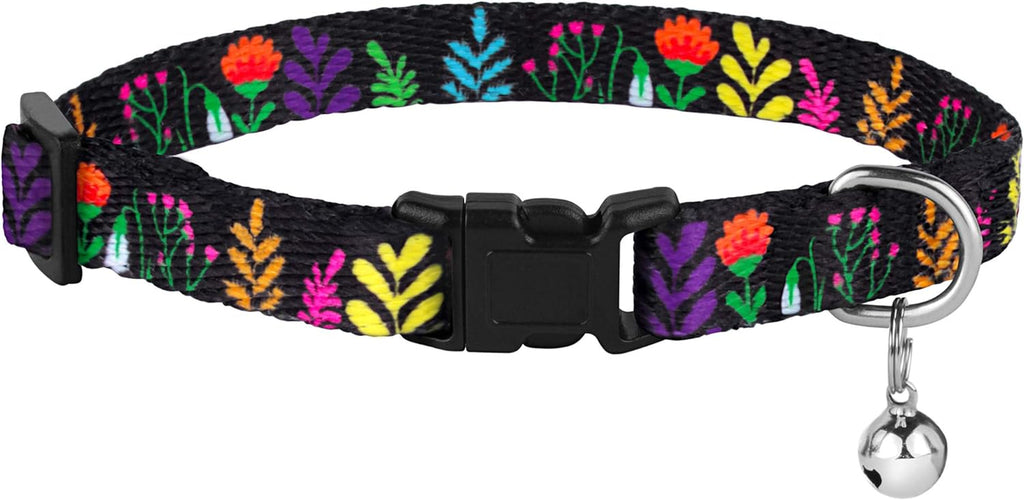 Cat Collar with Removable Bell Floral Pattern 2 Pack Set Flower Adjustable Safety Breakaway Collars for Cats Kitten