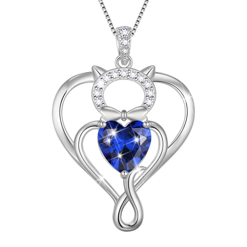 925 Sterling Silver Heart September Sapphire Birthstone Necklace,Cat Pendant Necklace Cute Animal Jewelry Birthday Christmas Valentines Gifts for Women