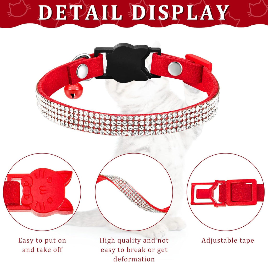 4 Pcs Rhinestone Cat Collar Heart Bling Breakaway Girl Cat Soft Velvet Fancy Adjustable Safety Kitten Collar with Bell for Kitty(Red, Black)