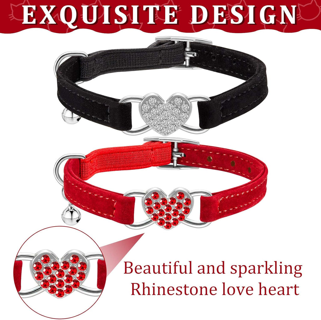 4 Pcs Rhinestone Cat Collar Heart Bling Breakaway Girl Cat Soft Velvet Fancy Adjustable Safety Kitten Collar with Bell for Kitty(Red, Black)