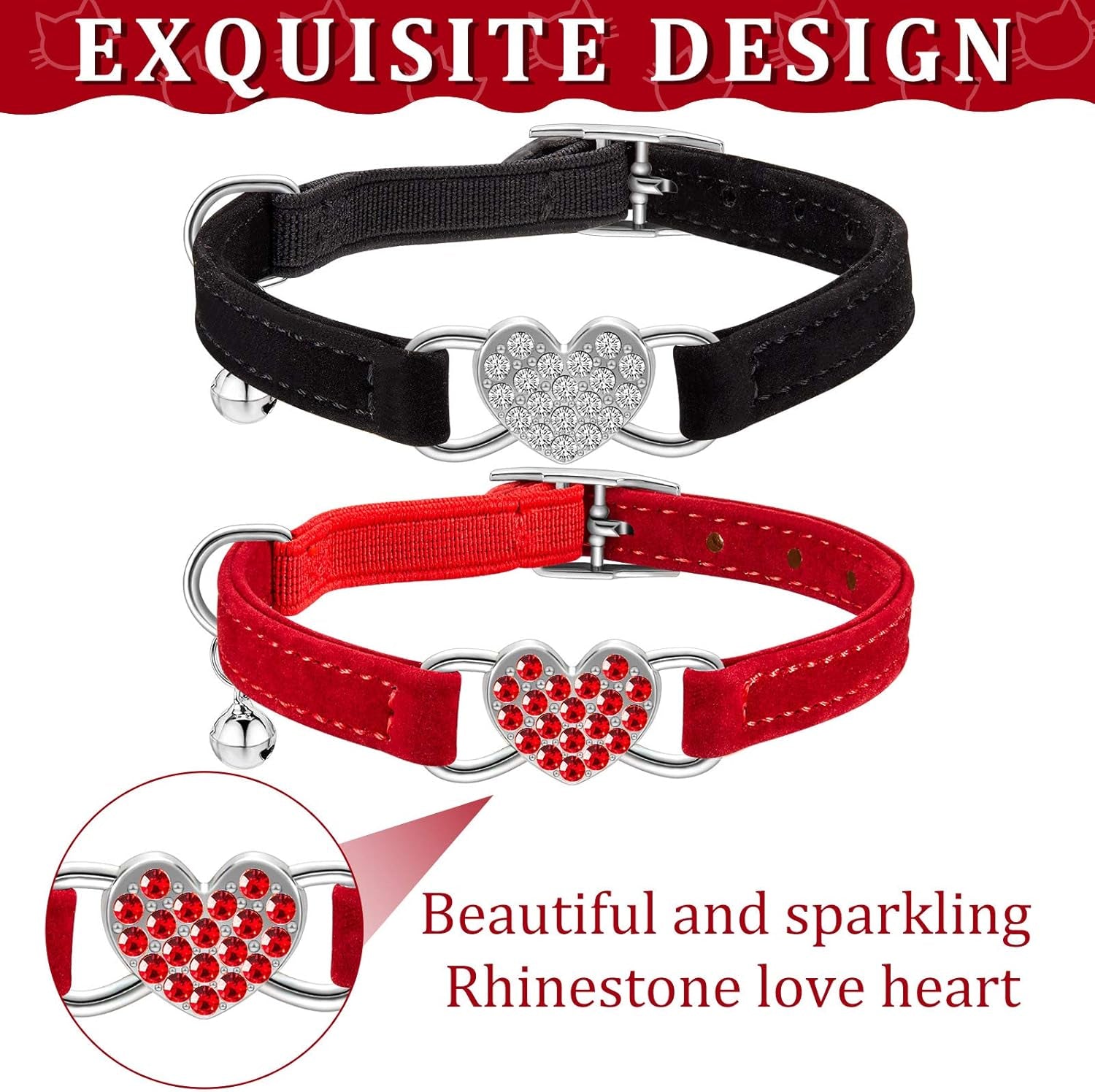 4 Pcs Rhinestone Cat Collar Heart Bling Breakaway Girl Cat Soft Velvet Fancy Adjustable Safety Kitten Collar with Bell for Kitty(Red, Black)