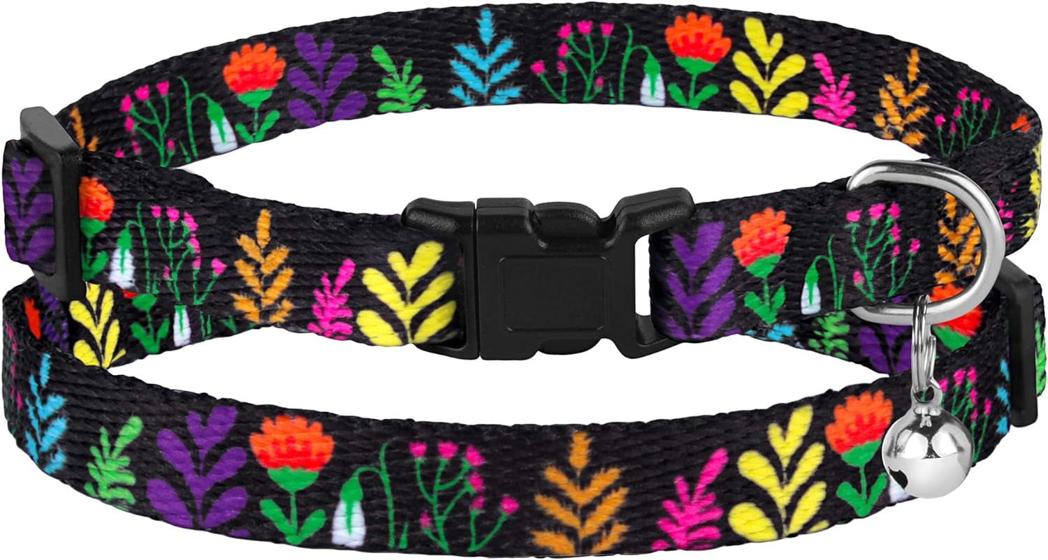 Cat Collar with Removable Bell Floral Pattern 2 Pack Set Flower Adjustable Safety Breakaway Collars for Cats Kitten