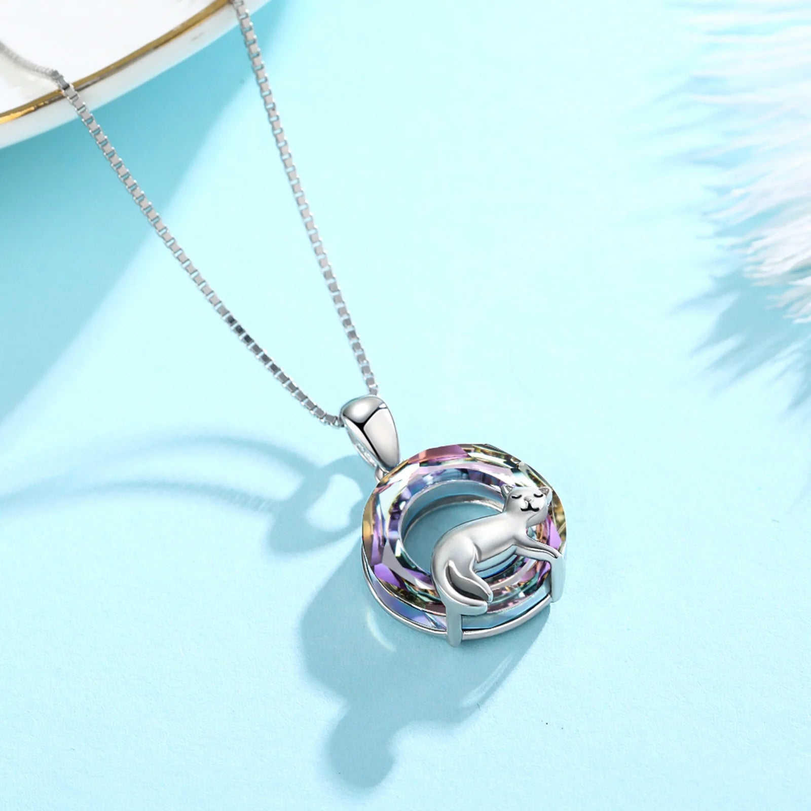 Cat Crystal Necklace 925 Sterling Silver Cute Animal Pendant Necklace with Crystal Cat Jewelry Gifts Gifts for Women Cat Lovers