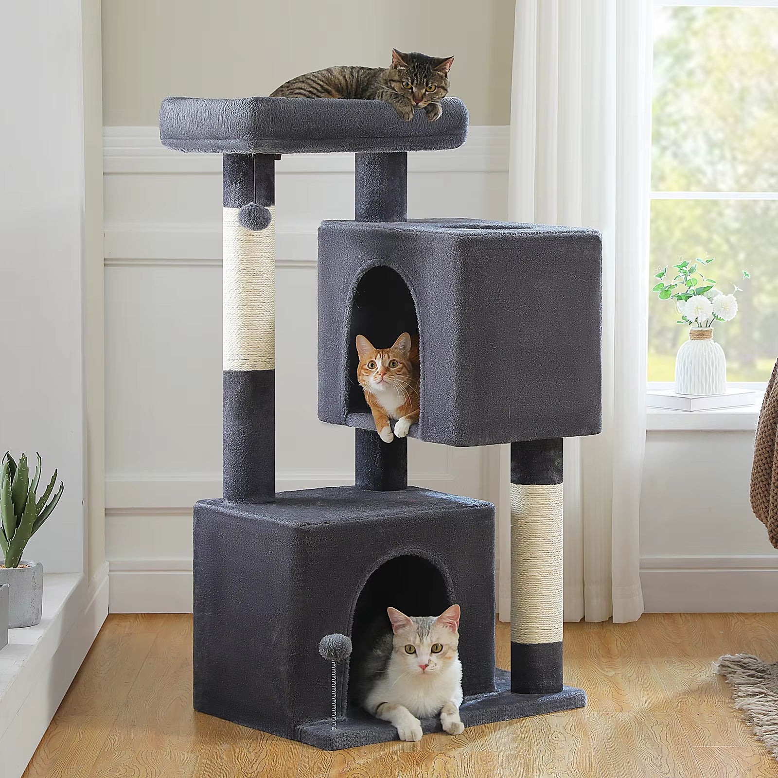 110CM Cat Tree with Scratching Post Interactive Ball Spacious Caves Multi-Level Cat Tower Large Cat Condos for Indoor Cat Toys