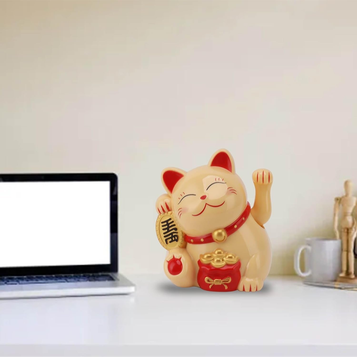 Waving Cat, Solar Powered Cute Waving Cat Good Luck Wealth Welcoming Cats Home Display Car Decor Feng Shui Decoration (Yellow)