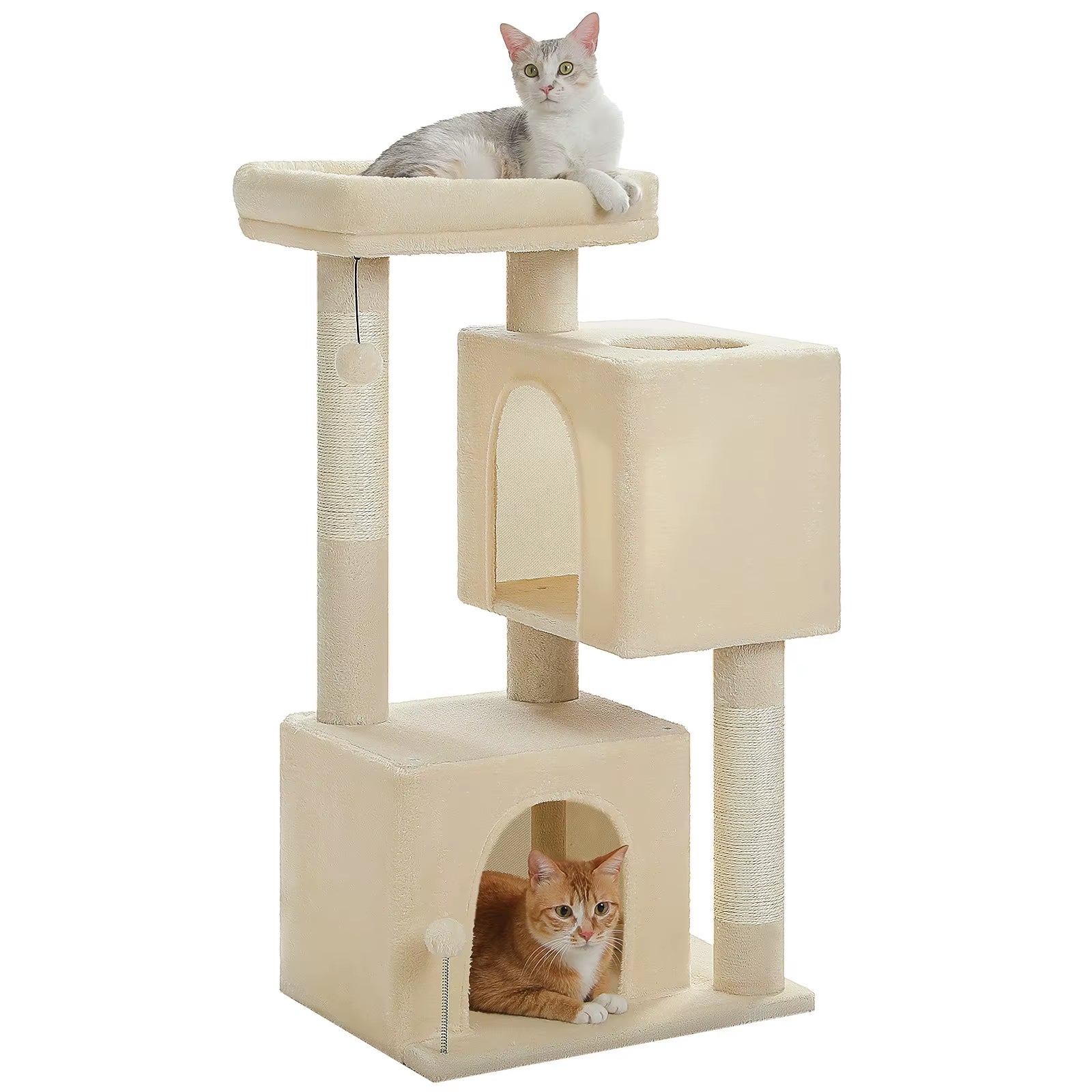 110CM Cat Tree with Scratching Post Interactive Ball Spacious Caves Multi-Level Cat Tower Large Cat Condos for Indoor Cat Toys