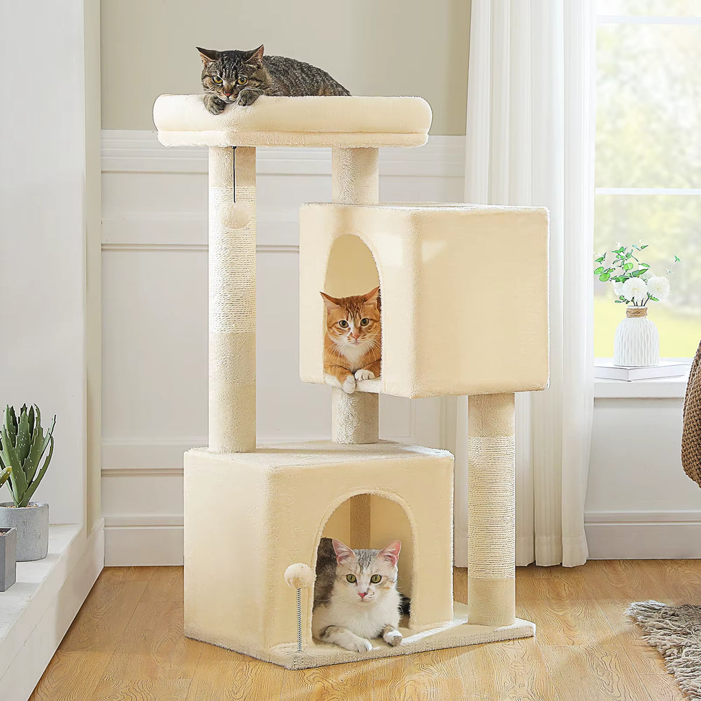 110CM Cat Tree with Scratching Post Interactive Ball Spacious Caves Multi-Level Cat Tower Large Cat Condos for Indoor Cat Toys