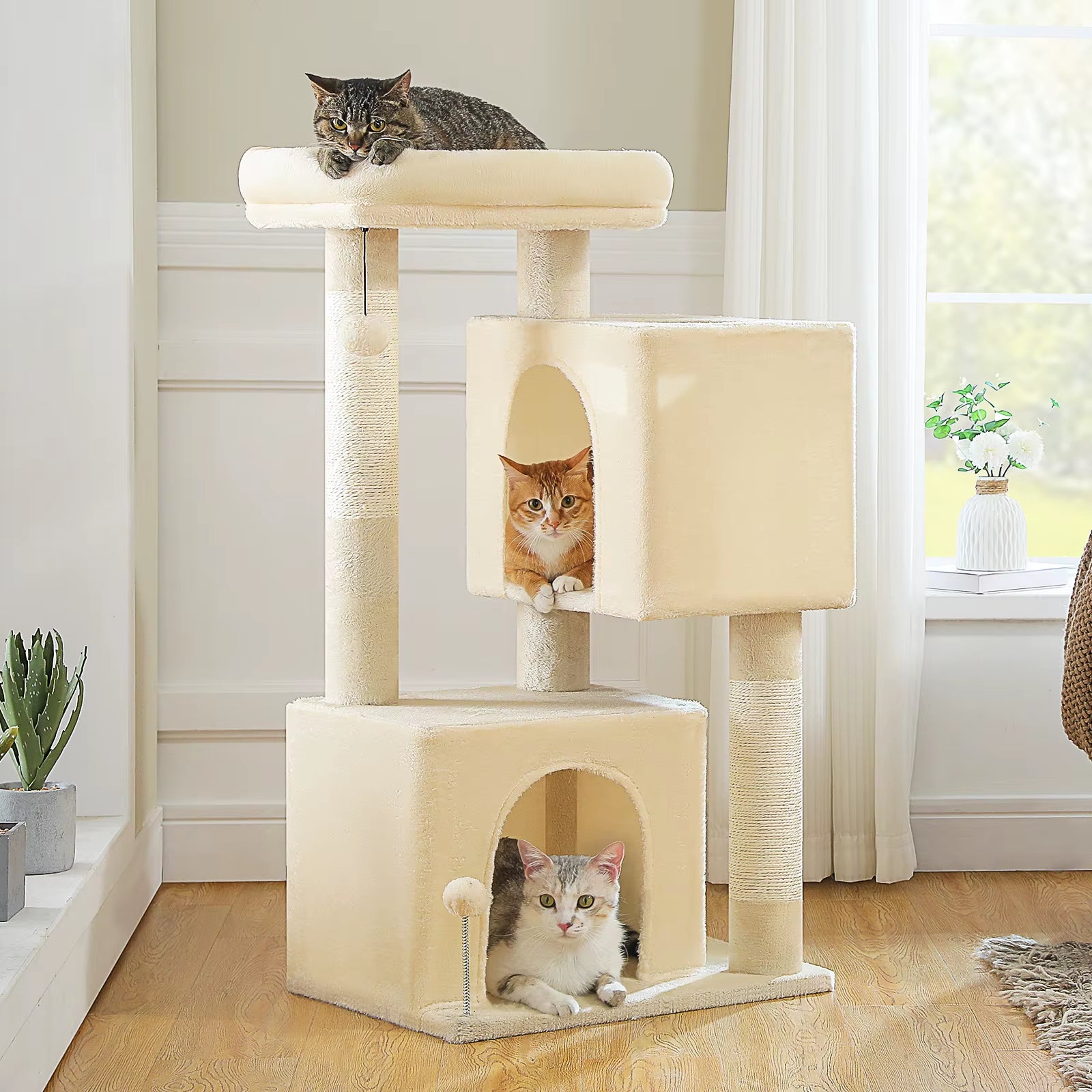 110CM Cat Tree with Scratching Post Interactive Ball Spacious Caves Multi-Level Cat Tower Large Cat Condos for Indoor Cat Toys