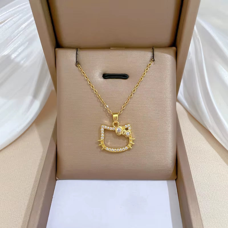 Cartoon Hello Kitty Gold Necklace for Girls Kawaii Sanrio Pendant Kt Cat Jewelry Y2K Neck Chain Accessories Women Christmas Gift