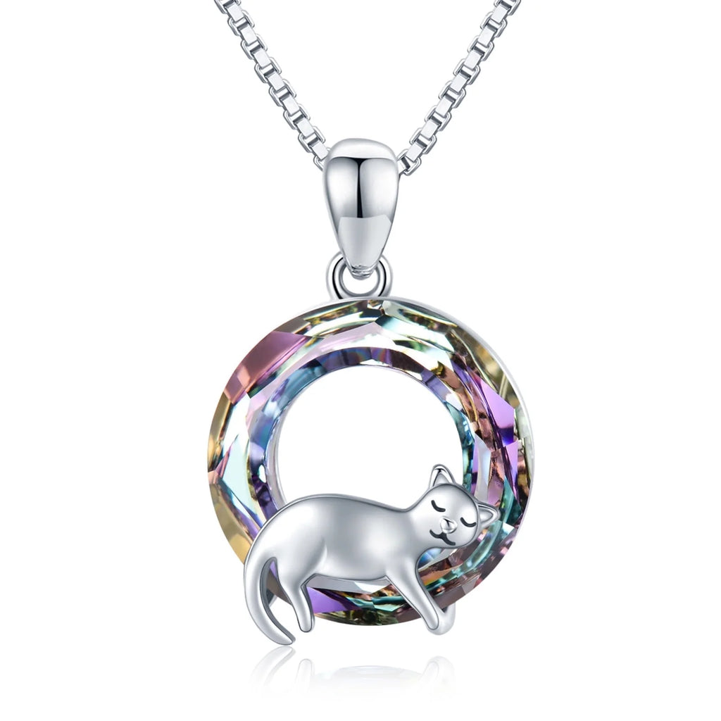 Cat Crystal Necklace 925 Sterling Silver Cute Animal Pendant Necklace with Crystal Cat Jewelry Gifts Gifts for Women Cat Lovers