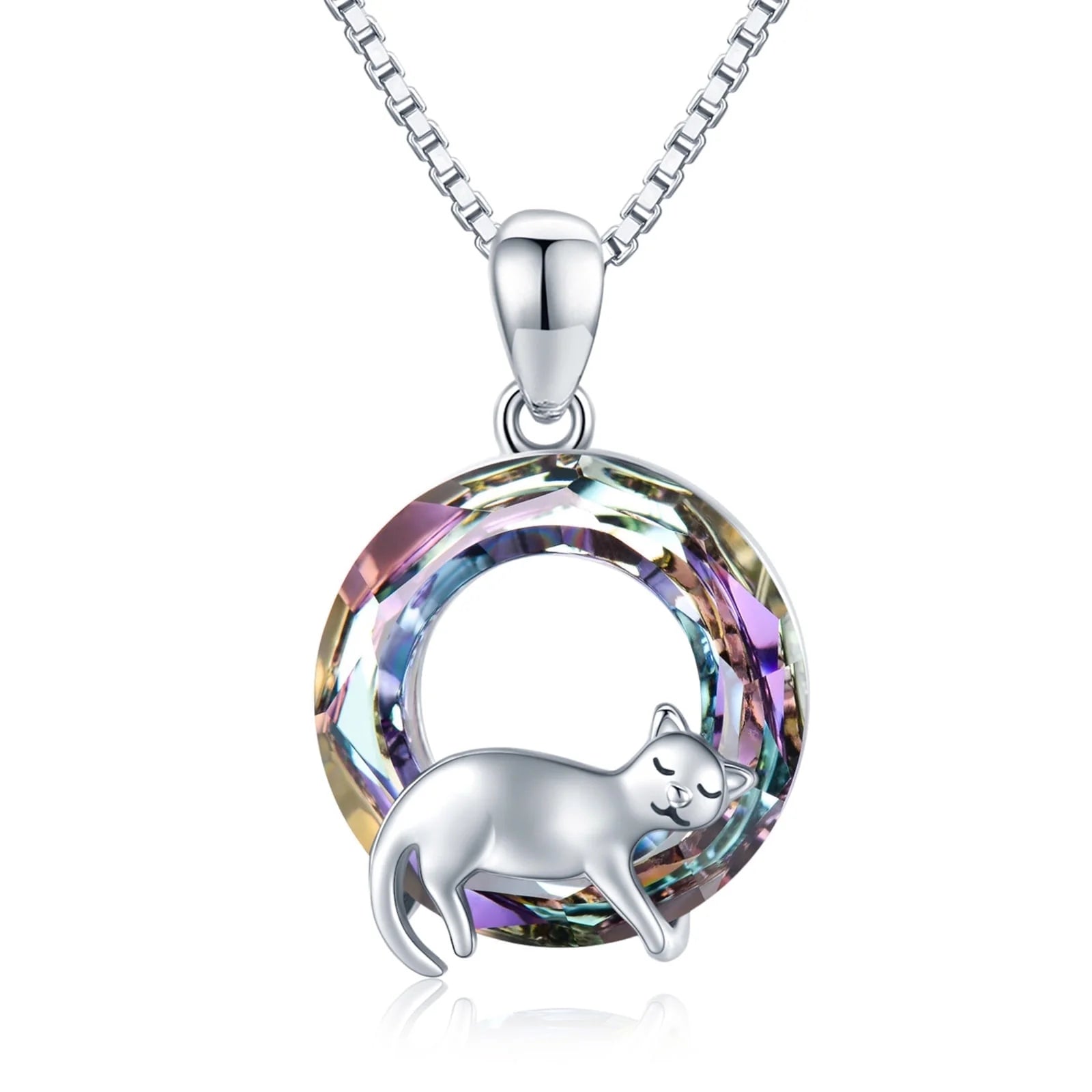 Cat Crystal Necklace 925 Sterling Silver Cute Animal Pendant Necklace with Crystal Cat Jewelry Gifts Gifts for Women Cat Lovers