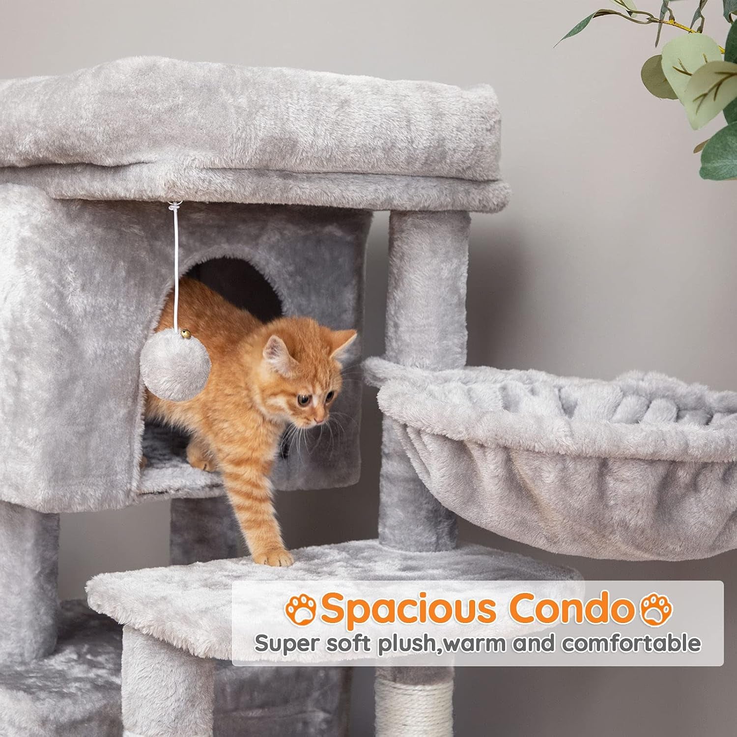 Cat Tree, 57 Inch Cat Tower with 2 Plush Condos and Sisal Scratching Post, Cat Furniture for Kitten and Pet, Release the Nature of Cat, Stable House with Anti-Toppling Kit, Light Gray LG05MCT03