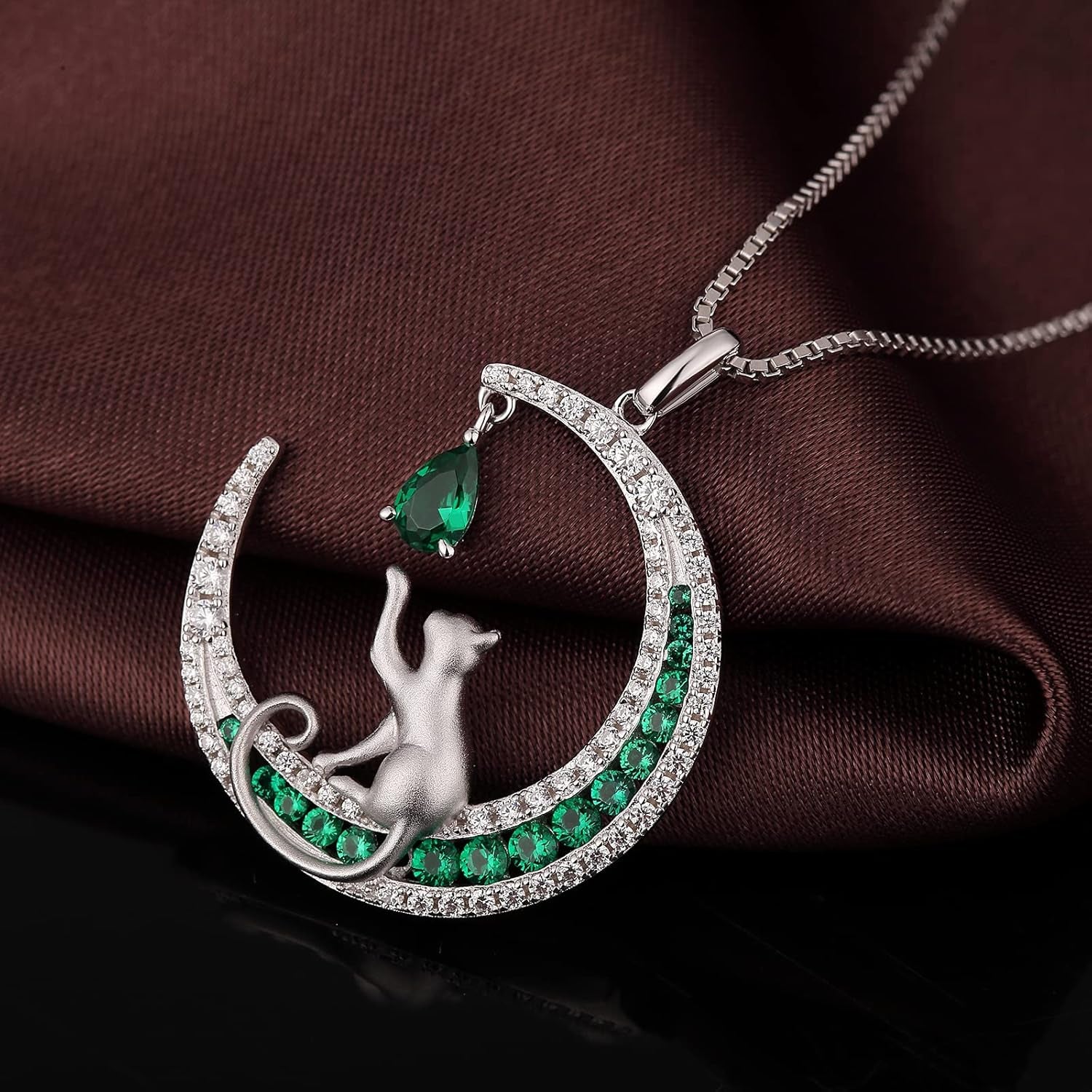 Lovely Cat Necklace for Women - Sterling Silver Cat Pendant with Cubic Zirconia