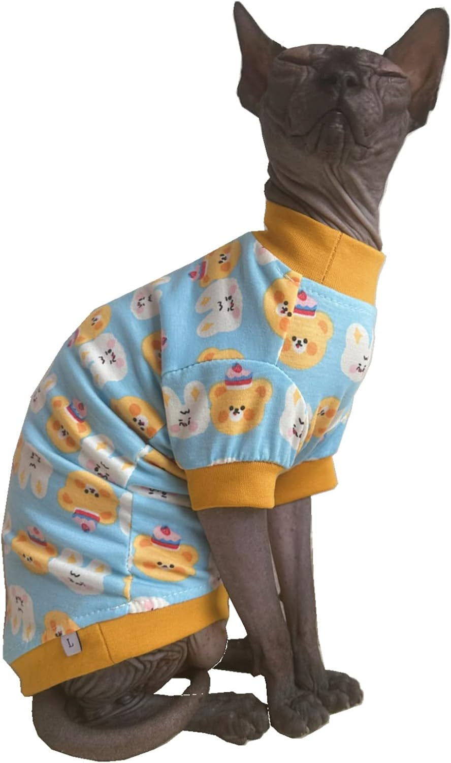 Sphynx Hairless Cat Cute Summer Cotton T-Shirts Pet Clothes,Round Collar Kitten Shirts Cats Apparel (Bear & Bunny, X-Large (Pack of 1))