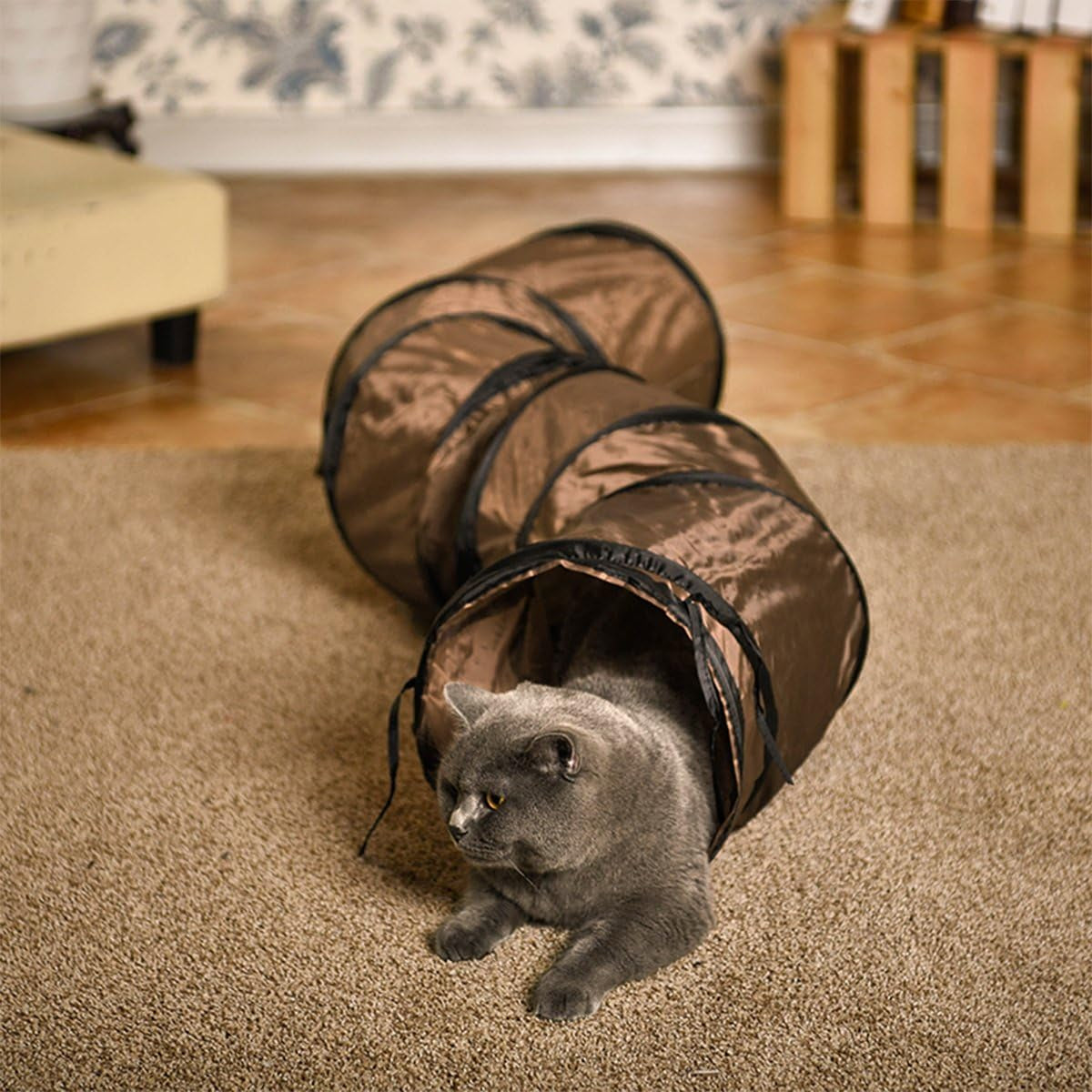 Cat Toys Interactive, Collapsible Tunnel for Bunnies, Kittens, Ferrets and Small Dogs with Two Peek-A-Boo Holes Blue