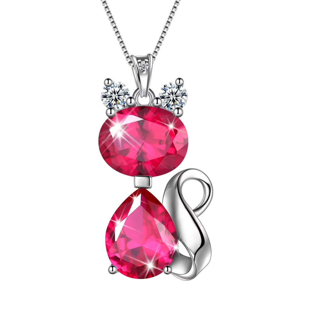 July Birthstone Necklace Cat Pendant Charms Red Ruby Necklaces 925 Sterling Silver Jewelry Women Daughter Wife Mother Christmas Birthday Gift