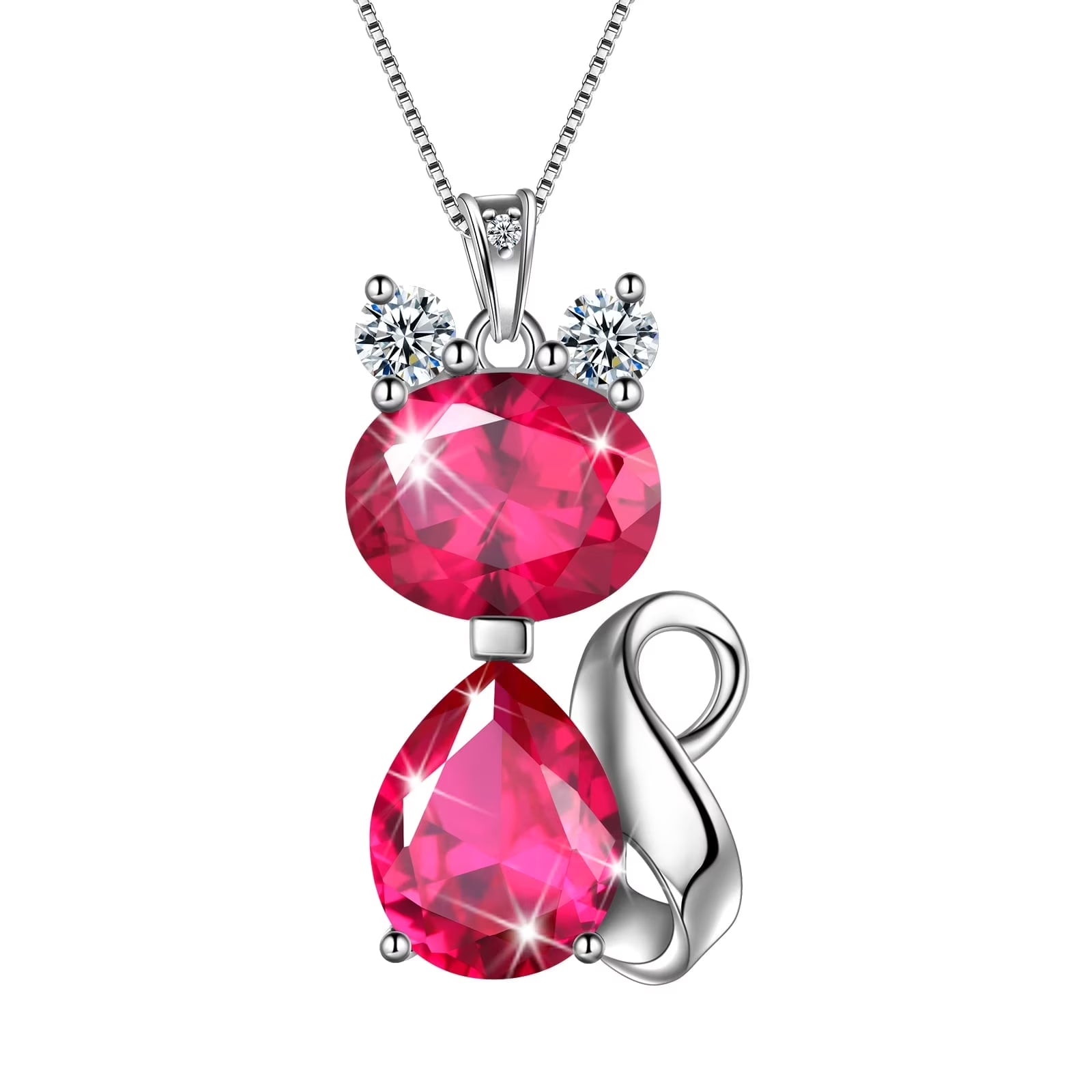 July Birthstone Necklace Cat Pendant Charms Red Ruby Necklaces 925 Sterling Silver Jewelry Women Daughter Wife Mother Christmas Birthday Gift