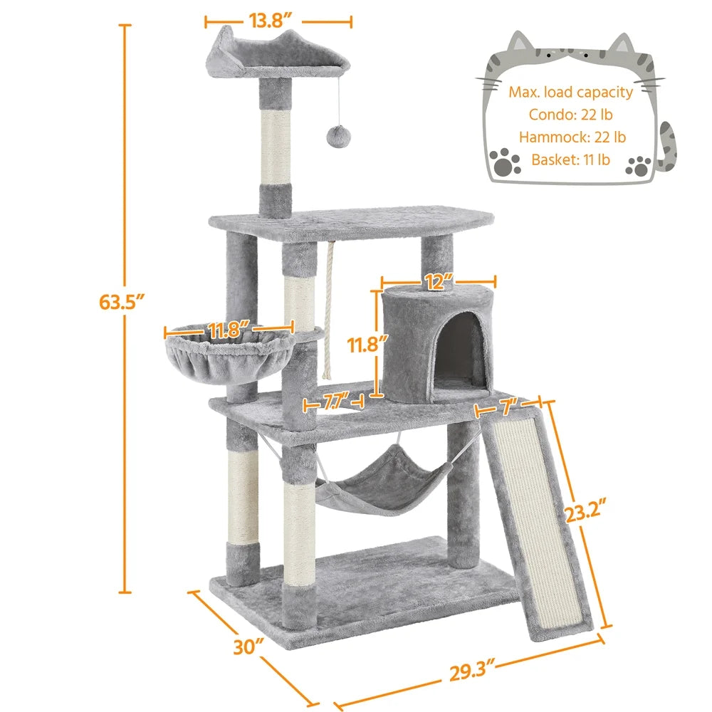 Easyfashion 63.5''H Multi Level Cat Tree Condo with Scratching Post, Light Gray