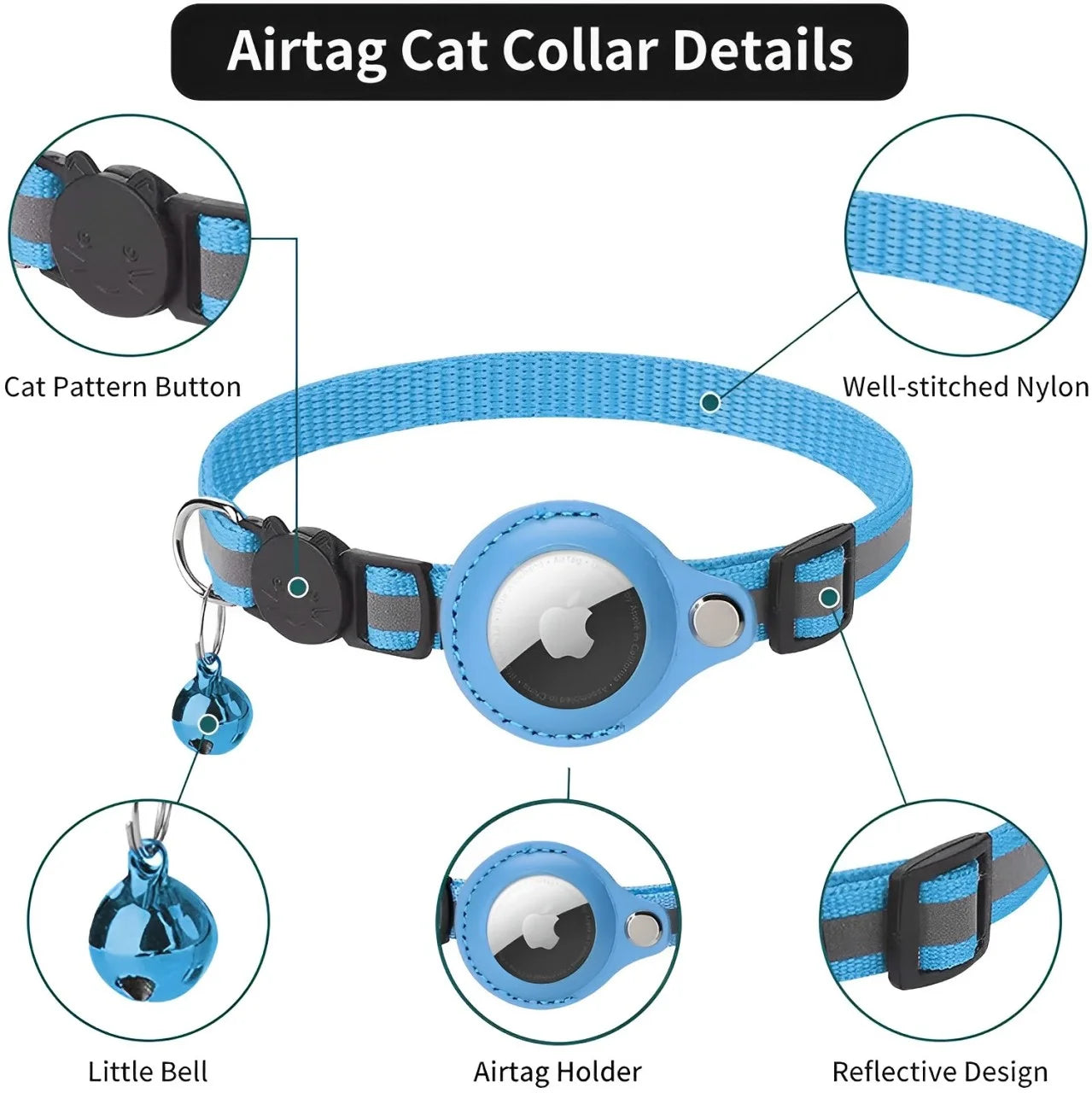 3 Pcs Airtag Cat Collar Breakaway Reflective Kitten Collar with Apple Air Tag Holder and Bell Waterproof Cat Collar, 0.4 Inches3 Pack
