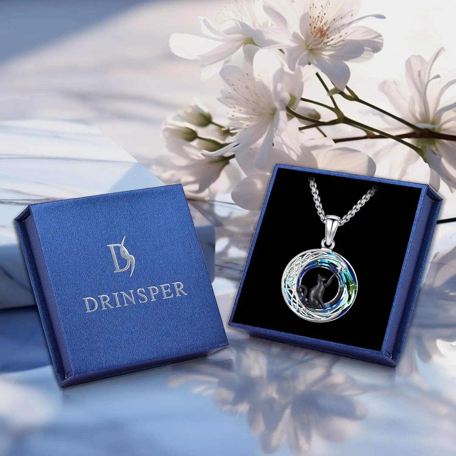 Black Cat Necklace 925 Sterling Silver Crystal Cat Moon Star Pendant Celtic Jewelry Gifts for Women Graduation Birthday Holiday