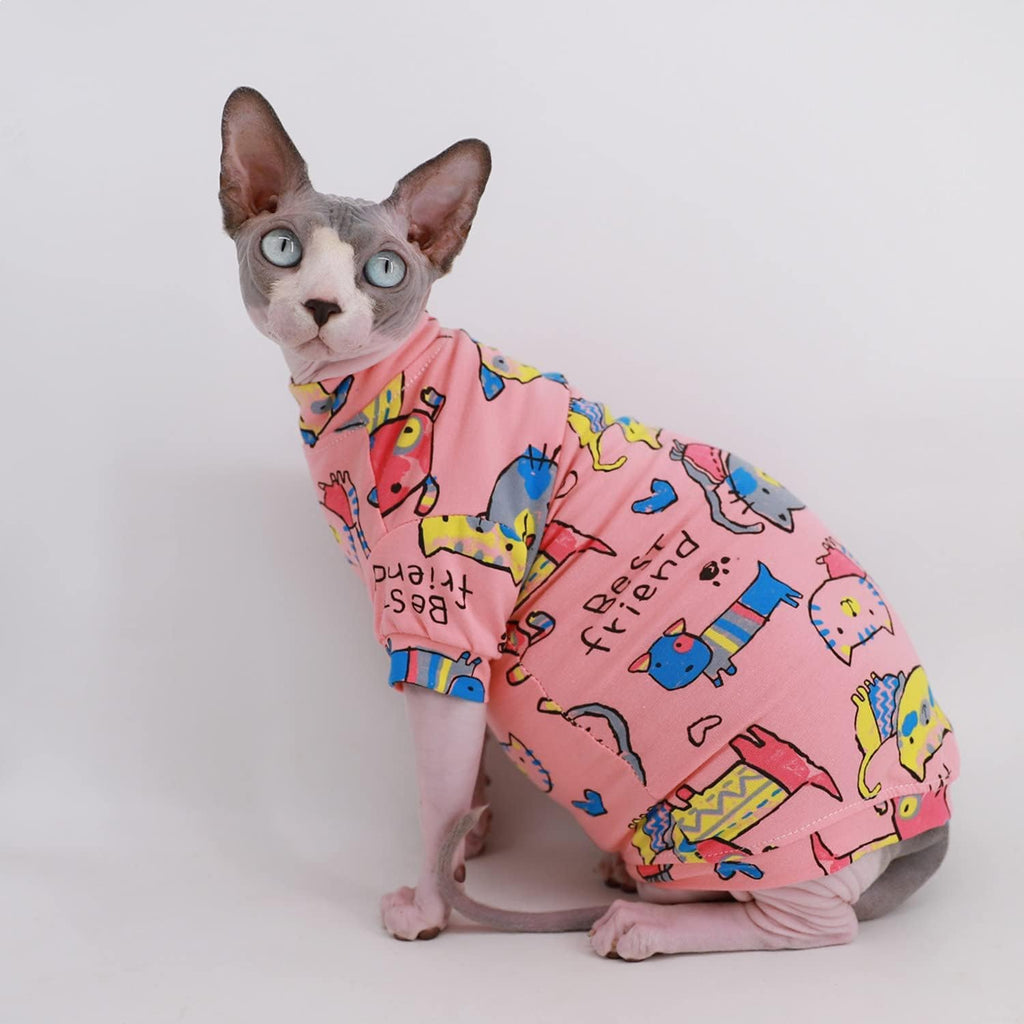 Sphynx Hairless Cat Cute Summer Cotton T-Shirts Pet Clothes,Round Collar Kitten Shirts Cats Apparel (Pink Cat, Medium (Pack of 1))