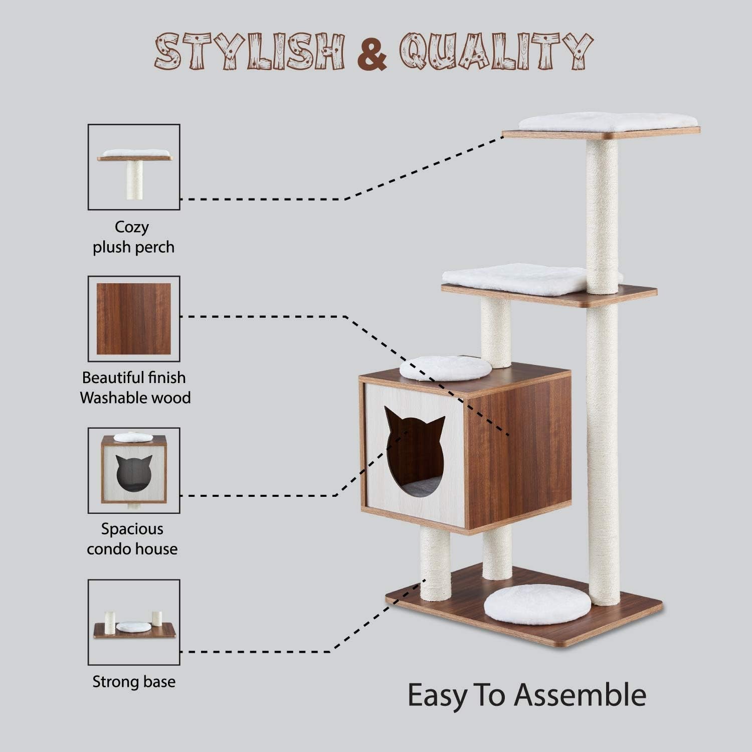 Elegant Wooden Modern Cat Tree Cat Condo Multi-Level Towers Cat Activity Tower with Scratching Posts, with Removable and Washable Mats (Base Tower)