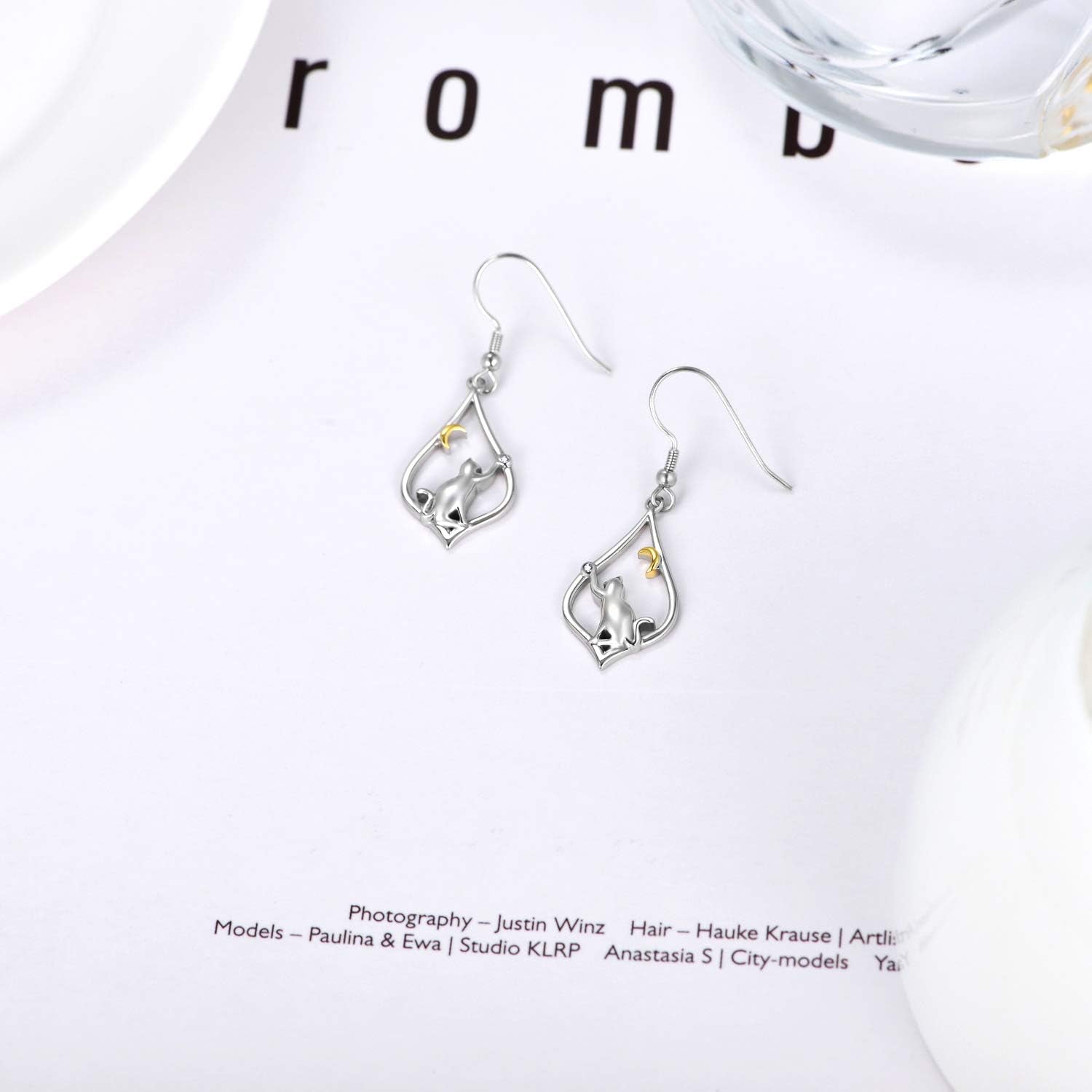 Cat Earrings for Women Sterling Silver Cat Moon Dangle Drop Hooks Earrings Animal Cat Jewelry Pet Gifts for Cat Lovers Mom Birthday