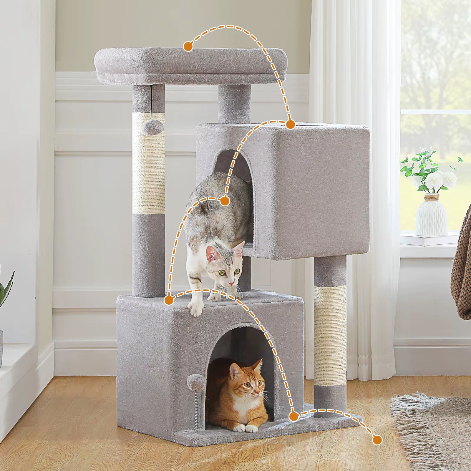 110CM Cat Tree with Scratching Post Interactive Ball Spacious Caves Multi-Level Cat Tower Large Cat Condos for Indoor Cat Toys